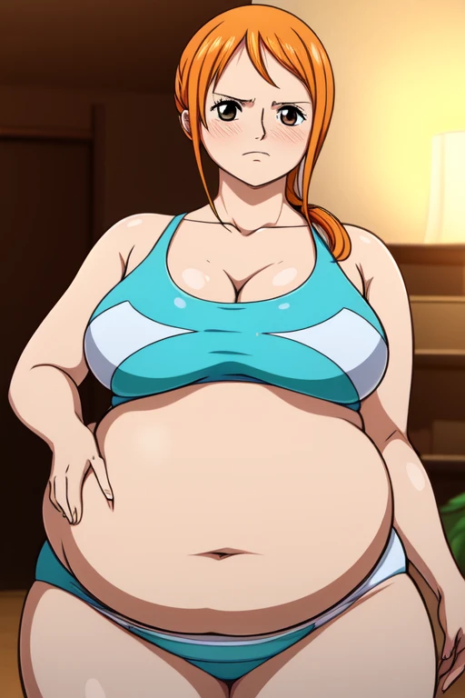 Nami from One Piece, long orange ponytail hair, beautiful brown eyes, blushing cheeks, (( massive plump belly)), thick plump thighs, lustful expression, looking at camera, The art style should resemble a captivating anime style.

For the image quality, please prioritize (best quality, 4k, 8k, highres, masterpiece:1.2), ultra-detailed, and (realistic, photorealistic, photo-realistic:1.37) rendering. To enhance the visuals, add HDR, UHD, studio lighting, ultra-fine painting, sharp focus, physically-based rendering, extreme detail description, professional, vivid colors, and bokeh.
