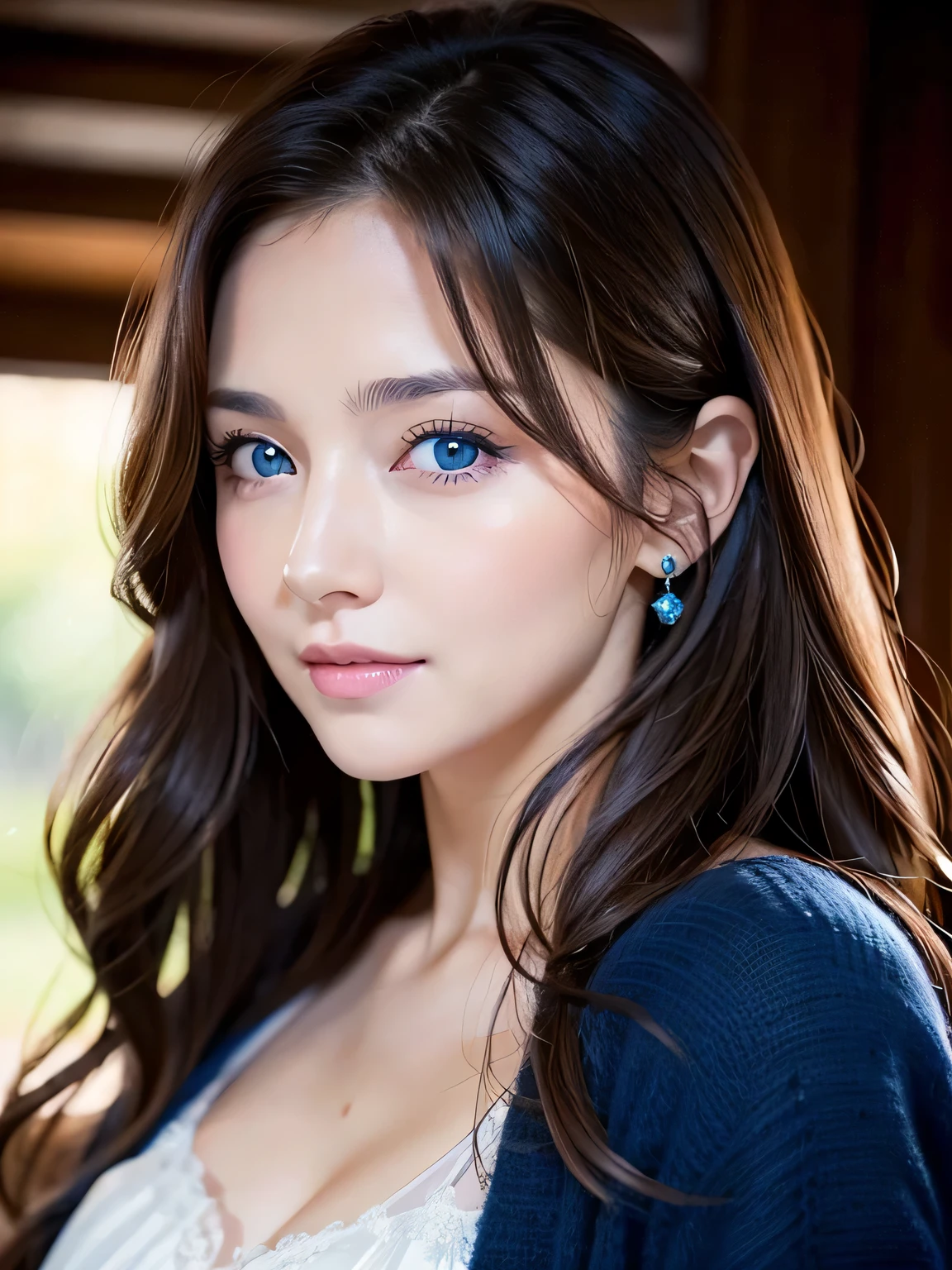 Beautiful cute gorgeous face、Gorgeous brunette with long curly hair、beautiful blue eyes sparkling、Beautiful long-haired beauty in her 40s、sixteen years old、bright expression