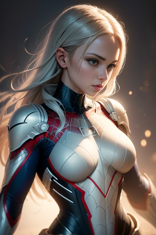 ((female)), Spider-Man in white titanium armor, hdr, hyper HD, 6.40,000, highly detailed, professional photoshooting:Sergio Nogueira, trending on artstationh, unreal-engine, Vivid colors, High-resolution scanning,cinmatic lighting + 35mm, photography of + bokeh + lens flare glow + filmgrain, aesthetics,natural soft light,Blender and Photoshop,The trend is at ArtStation, iolibt, vfx,concept-art,، simple,ultra - detailed,Detailed drawing,vectorised,contours,profesional lighting,