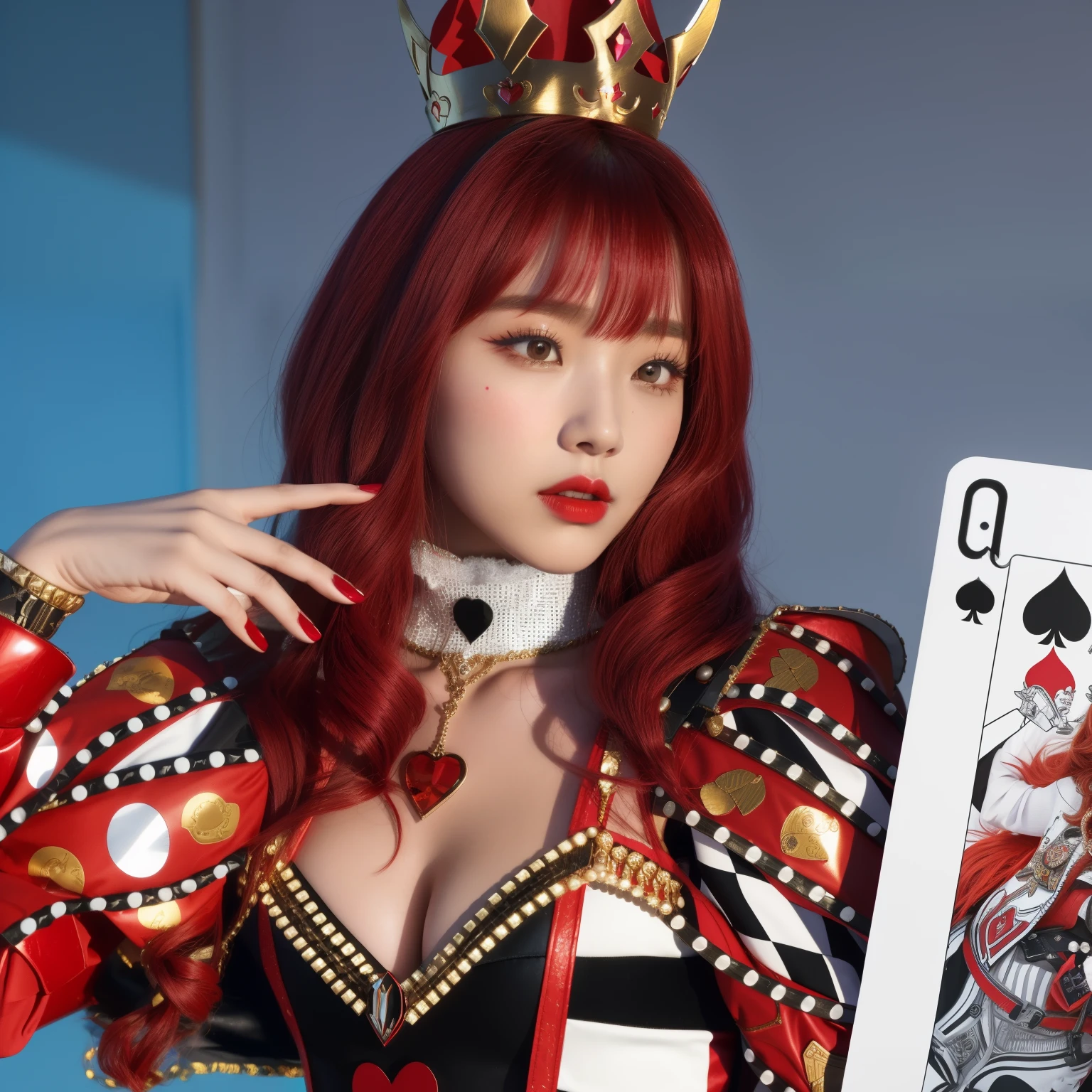 arafed woman in a costume holding a playing card and wearing a crown, queen of hearts, the queen of hearts, a beautiful fantasy empress, the red queen, as a super villain, lovely queen, redhead queen in heavy red armor, captured on canon eos r 6, female magician, queen chess piece photo portrait, poker card style, minnie, gidle, minnie from gidle , kpop girl face, gidle Minnie, min.chica