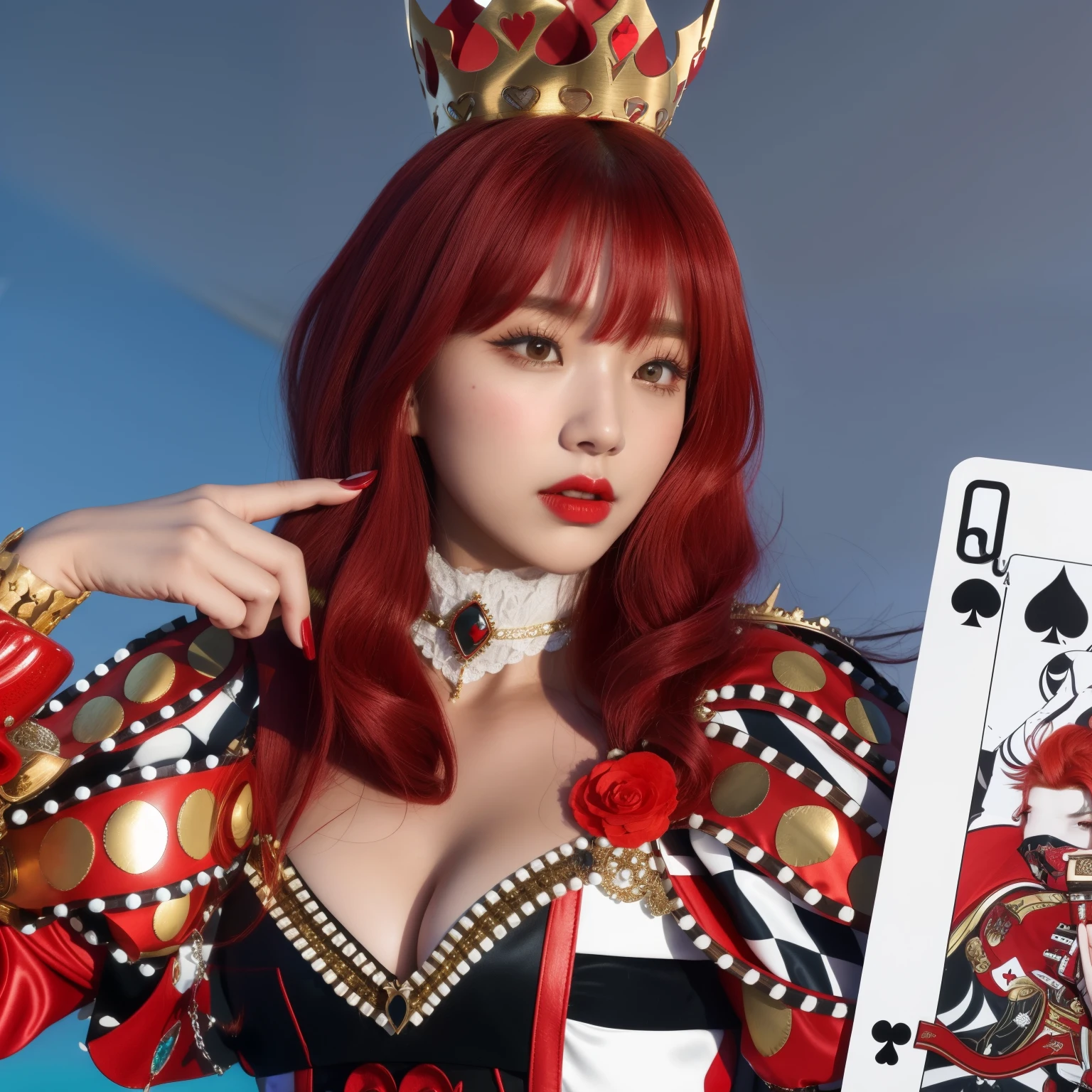 arafed woman in a costume holding a playing card and wearing a crown, queen of hearts, the queen of hearts, a beautiful fantasy empress, the red queen, as a super villain, lovely queen, redhead queen in heavy red armor, captured on canon eos r 6, female magician, queen chess piece photo portrait, poker card style, minnie, gidle, minnie from gidle , kpop girl face, gidle Minnie, min.chica
