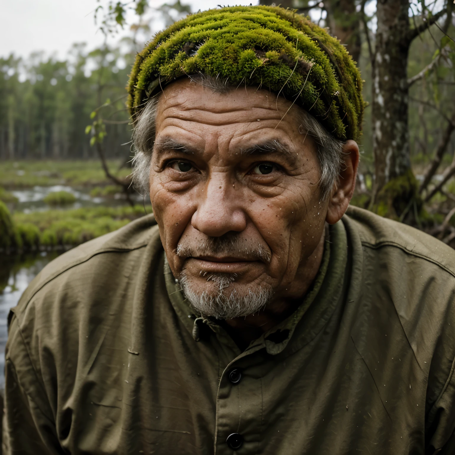 An old grandfather with a wrinkled face collects moss in the swamps of Siberia. Moss on my head