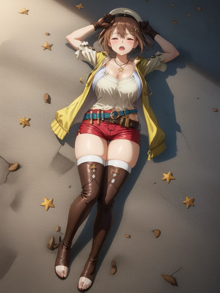 (Lying on the roadside:1.2)), ((From above)), riser, 1 girl, ((rape face)), ((open your eyes wide:1.2)), ((died:1.3)), ((Killed)), ((body with no strength)), alone, shorts, gloves, belt bag, head ribbon, jewelry, 赤いshorts, brown hair, thighs thighs thighs, short shorts, bridal legwear, necklace, brown eyes, single glove, hair ornaments, Barrette, star necklace, toeless footwear, leather, star (symbol), white hat, Brown gloves, Knee-high boots, short hair, thighs thighs thighs, leather Belt, brown belt, leather gloves, Jacket, blue belt, thigh boots, ノースリーブJacket, thigh pouch, white thighs, clavicle, 黄色のJacket, brown shoes, cleavage, huge breasts, big breasts,