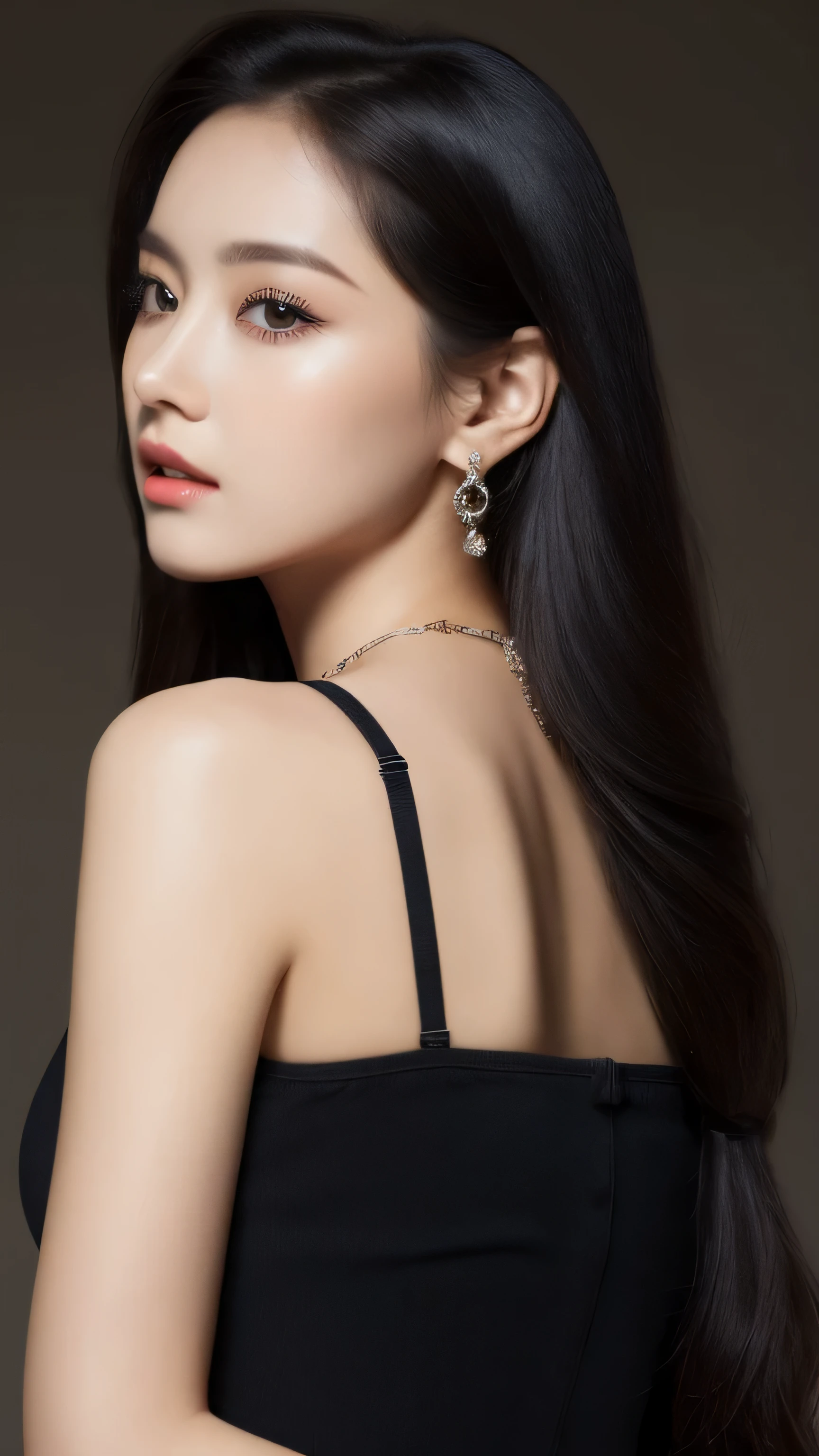 (lifelike, high - resolution:1.3), 1 girl with a perfect body, Super fine face and eyes,slong hair,black dress :1.2, short jeans, perfect boob, necklace, earring