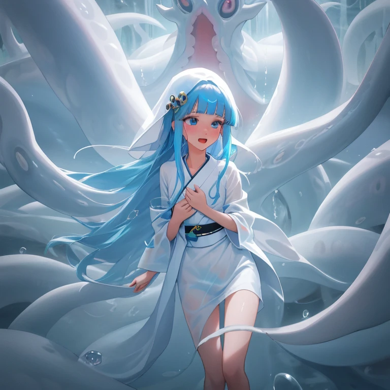 {{{{amazing quality, great quality, high quality, very aesthetic, aesthetic, best quality}}}}, 
realistic, photo, shadow, Three-dimensional, absurdres, Digital art, 
{{{{Magical girl}}}}, beautiful girl, one girl, 
{{{{{Yukikohime}}}}} {dororon Enma-kun Mela Mela}, {Dororon Enma-kun Mela Mela's Yukikohime}, 
light blue hair, long straight hair, hair, trimmed hair, shiny hair, blunt bangs, short sideburns, Multiple enemies open the girl's thighs, 
blue eyes, tareme, 
{{flat chest}}, {{small breasts}}, {{detailed body}}, slim thighs, thin thighs, 
{{white mini kimono}}, {{yellow kimono obi}}, {{skull-shaped hair ornament}}, barefoot, Geta for women, 
No panties, no bra, 
{Multiple enemies tears the girl's clothes}, {Multiple enemies wets the girl's clothes}, {{{Multiple enemies melts the girl's clothes}}}, {Multiple enemies can see through the girl's clothes}, Completely nude, half-naked, Multiple hands attack the girl, Multiple hands rub the girl, Multiple hands fuck the girl, Giant white squid tentacles attack girl,  Giant white squid tentacles wrap around the girl's body, distress, resistance, defeat, inferiority, sexual pleasure, troubled face, shy, orgasm, Screaming, sensitive body, trembling, Giant white squid tentacles wrap around the girl's body, Giant white squid tentacles wrap around the girl's arms, Giant white squid tentacles wrap around the girl's legs, Giant white squid tentacles caress the girl's nipples, Giant white squid tentacles caresses the girl's crotch, girl gets wet, A girl is immersed up to her waist in cloudy liquid, A girl is covered in cloudy liquid, tentacle bath, 