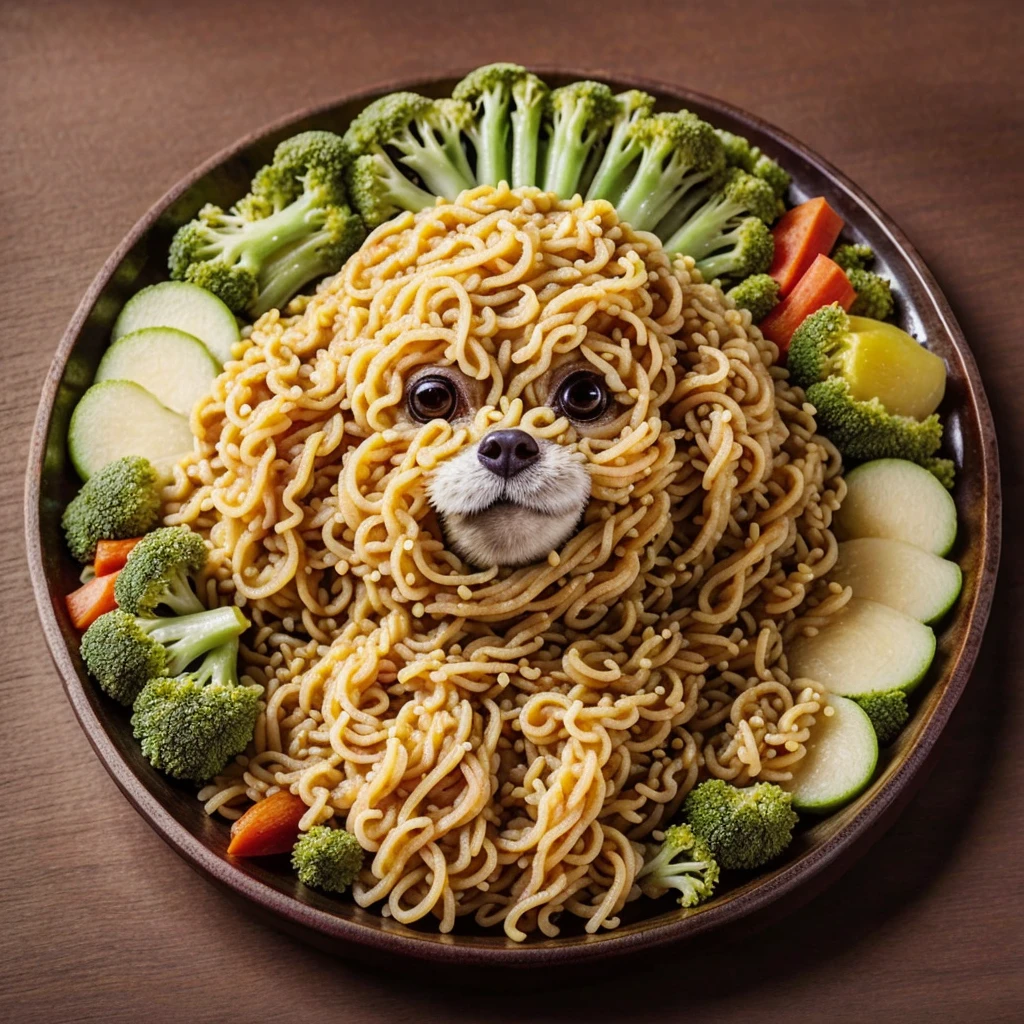 arafly shaped noodles dog on a plate with vegetables and fruit, food art, made of food, amazing food illustration, anime food, anthropomorphic dog eating, cute detailed artwork, super realistic food picture, made of spaghetti, cute dog, kawaii cute dog, cute detailed digital art, delicious food, noodles, amazing food photography, japanese dog, healthy
