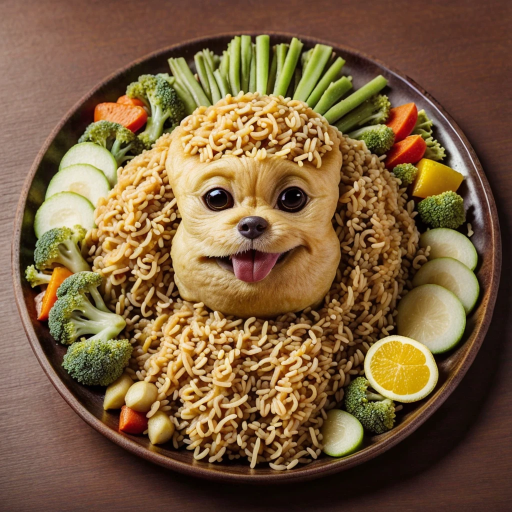 arafly shaped noodles dog on a plate with vegetables and fruit, food art, made of food, amazing food illustration, anime food, anthropomorphic dog eating, cute detailed artwork, super realistic food picture, made of spaghetti, cute dog, kawaii cute dog, cute detailed digital art, delicious food, noodles, amazing food photography, japanese dog, healthy