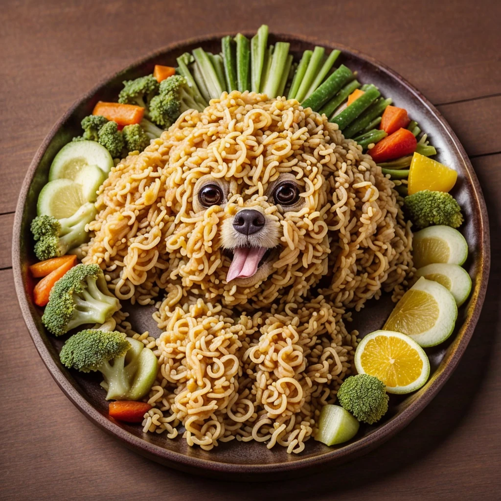 arafly shaped noodles dog on a plate with vegetables and fruit, food art, made of food, amazing food illustration, anime food, anthropomorphic dog eating, cute detailed artwork, super realistic food picture, made of spaghetti, cute dog, kawaii cute dog, cute detailed digital art, delicious food, noodles, amazing food photography, japanese dog, healthy