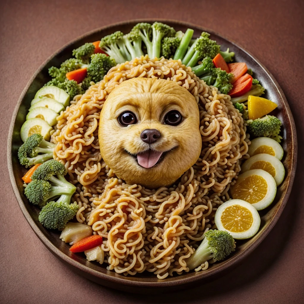 arafly shaped noodles dog on a plate with vegetables and fruit, food art, made of food, amazing food illustration, anime food, anthropomorphic dog eating, cute detailed artwork, super realistic food picture, made of spaghetti, cute dog, kawaii cute dog, cute detailed digital art, delicious food, noodles, amazing food photography, japanese dog, healthy