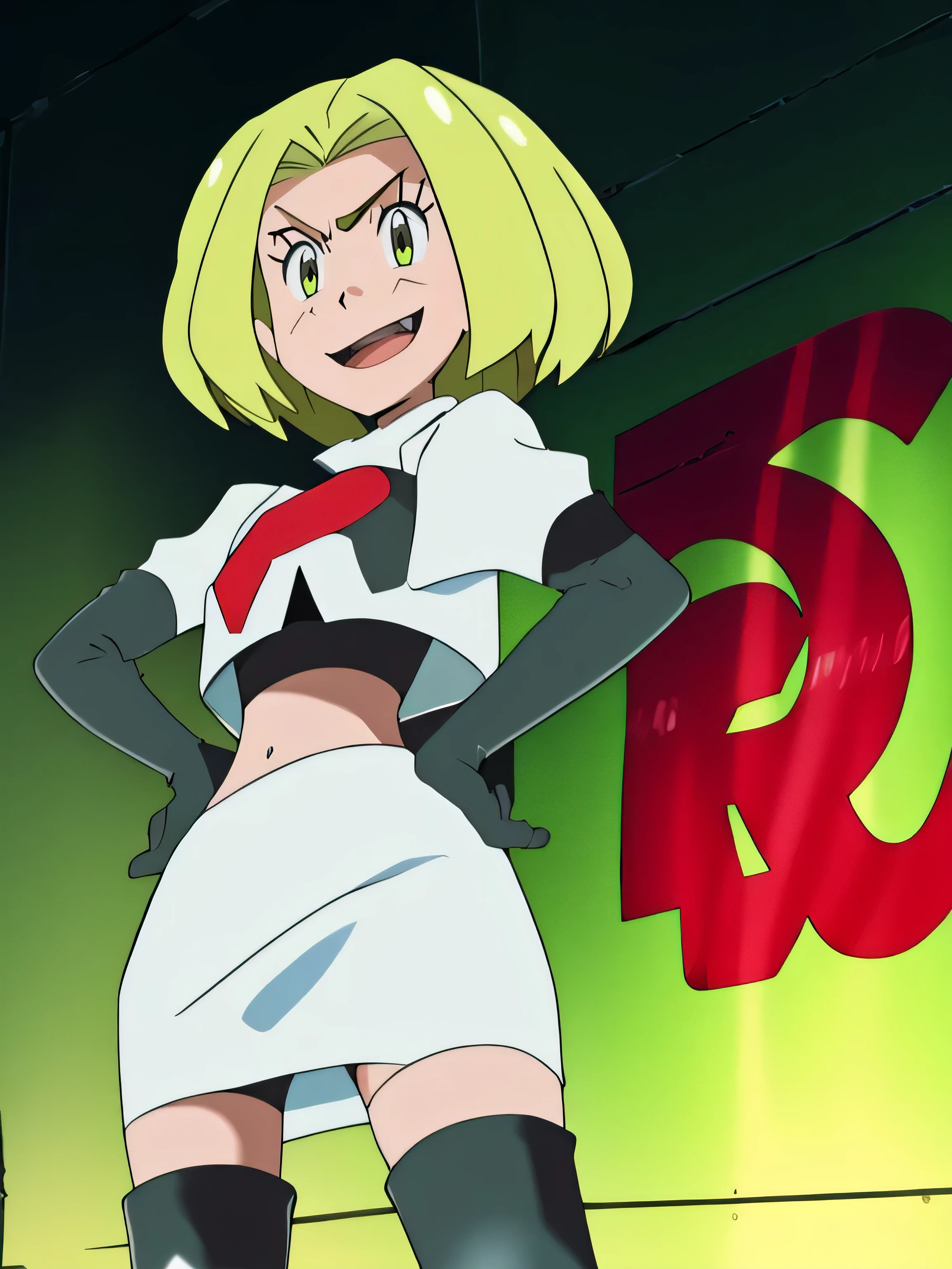 masterpiece,best quality,high res,high quality,8k, masterpiece,highres, team rocket uniform, red letter r, white skirt,white crop top,black thigh-high boots, black elbow gloves, evil smile, looking down at viewer, hands on hips, cowboy shot, zettai ryouiki,spread legs,from below, black panties,anime style, vivid colors, sharp focus, intense lighting,toga himiko