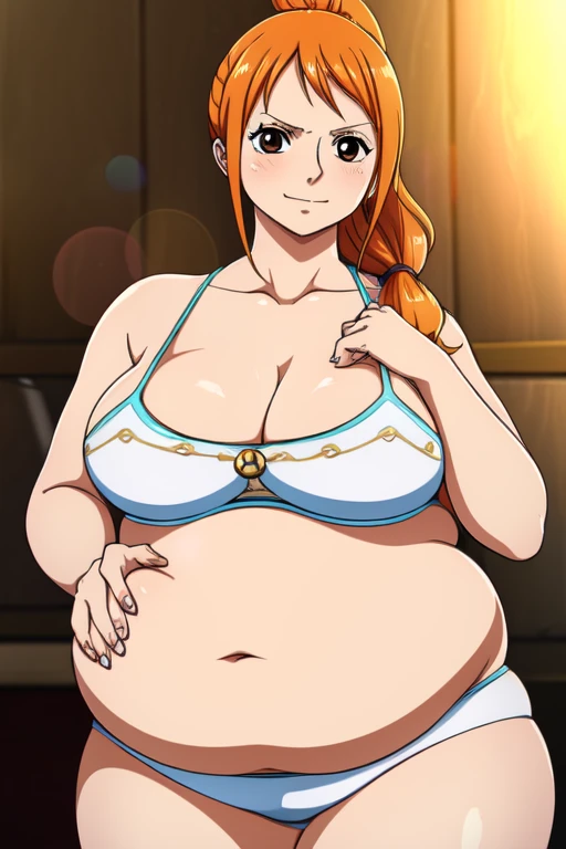 Nami from One Piece, long orange ponytail hair, beautiful brown eyes, blushing cheeks, (( massive plump belly)), thick plump thighs, lustful expression, slight smile, The art style should resemble a captivating anime style.

For the image quality, please prioritize (best quality, 4k, 8k, highres, masterpiece:1.2), ultra-detailed, and (realistic, photorealistic, photo-realistic:1.37) rendering. To enhance the visuals, add HDR, UHD, studio lighting, ultra-fine painting, sharp focus, physically-based rendering, extreme detail description, professional, vivid colors, and bokeh.
