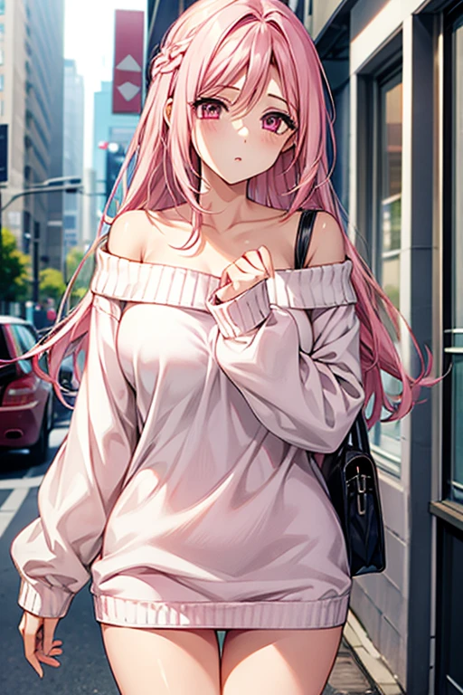 pink hair、pink eyes、big breasts、No underwear、Full view of pussy、mini skirt、knit sweater、off shoulder、I can see my crotch