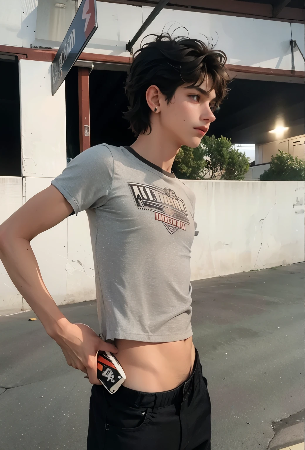 Un homme twink de 19 ans d'1m74 assez fin aux cheveux roses. Il porte un t-shirt blanc très ample et se balade dans les champs. Il regarde vers l'horizon.