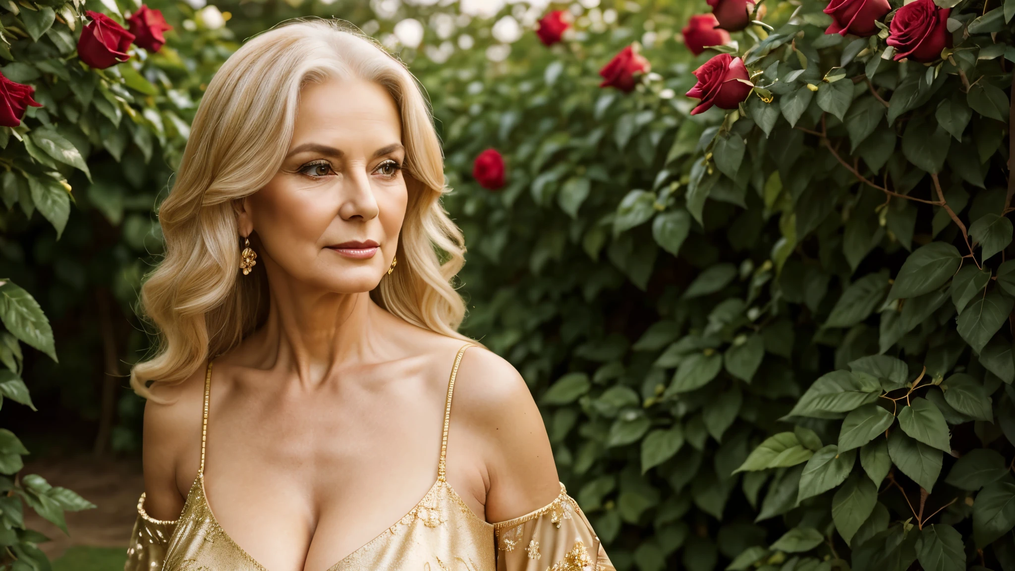 masterpiece, high-level image quality, depth of fields, beautiful mature women, 80 years old, with beautiful golden hairs, up of face, wearing beautiful dress, close pic view, in a garden with red roses, Fancy makeup, (gigantic, big breasts ;1.7), beautiful face, perfect body