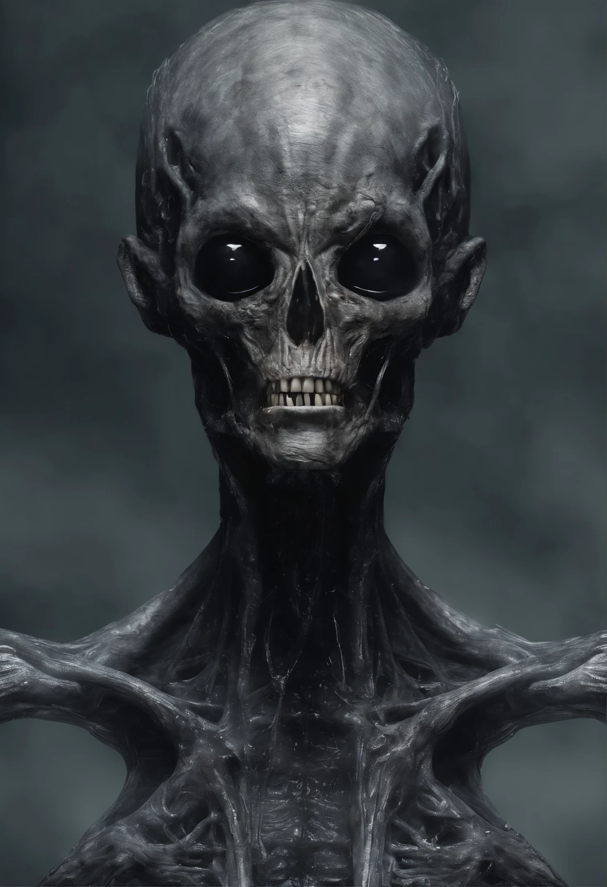 Alien Photo Stills, transparent skin, Tooth dripping,, Visible veins under the skin, dark, onimous