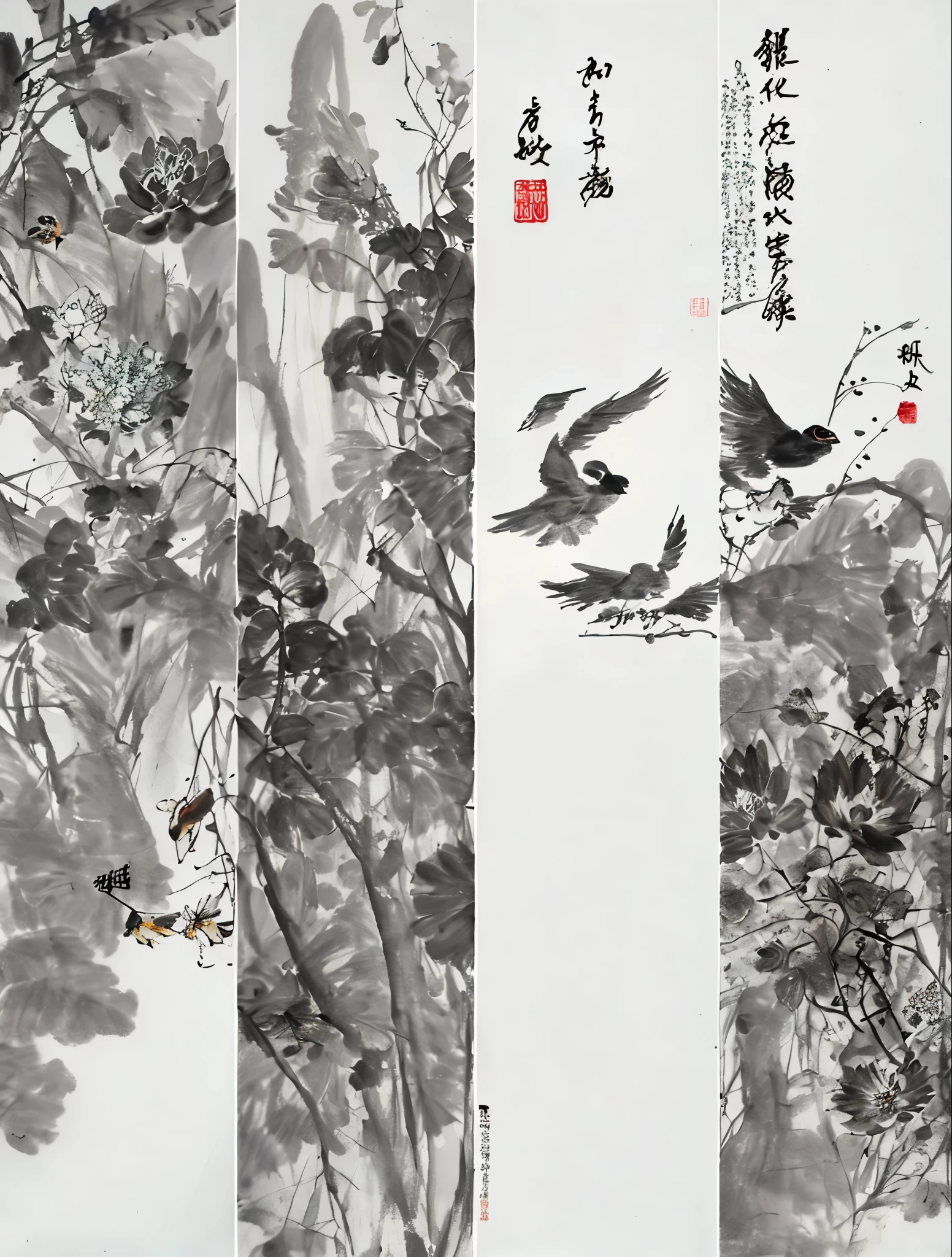 Four trees flower and bird painting，Chinese traditional art，Chinese painting，Freehand flower and bird painting，author：Zhu Da，author：Xu wei，author：Li Kuchan，banana，reed，lotus，reed，waterfowl，Delicate ink painting