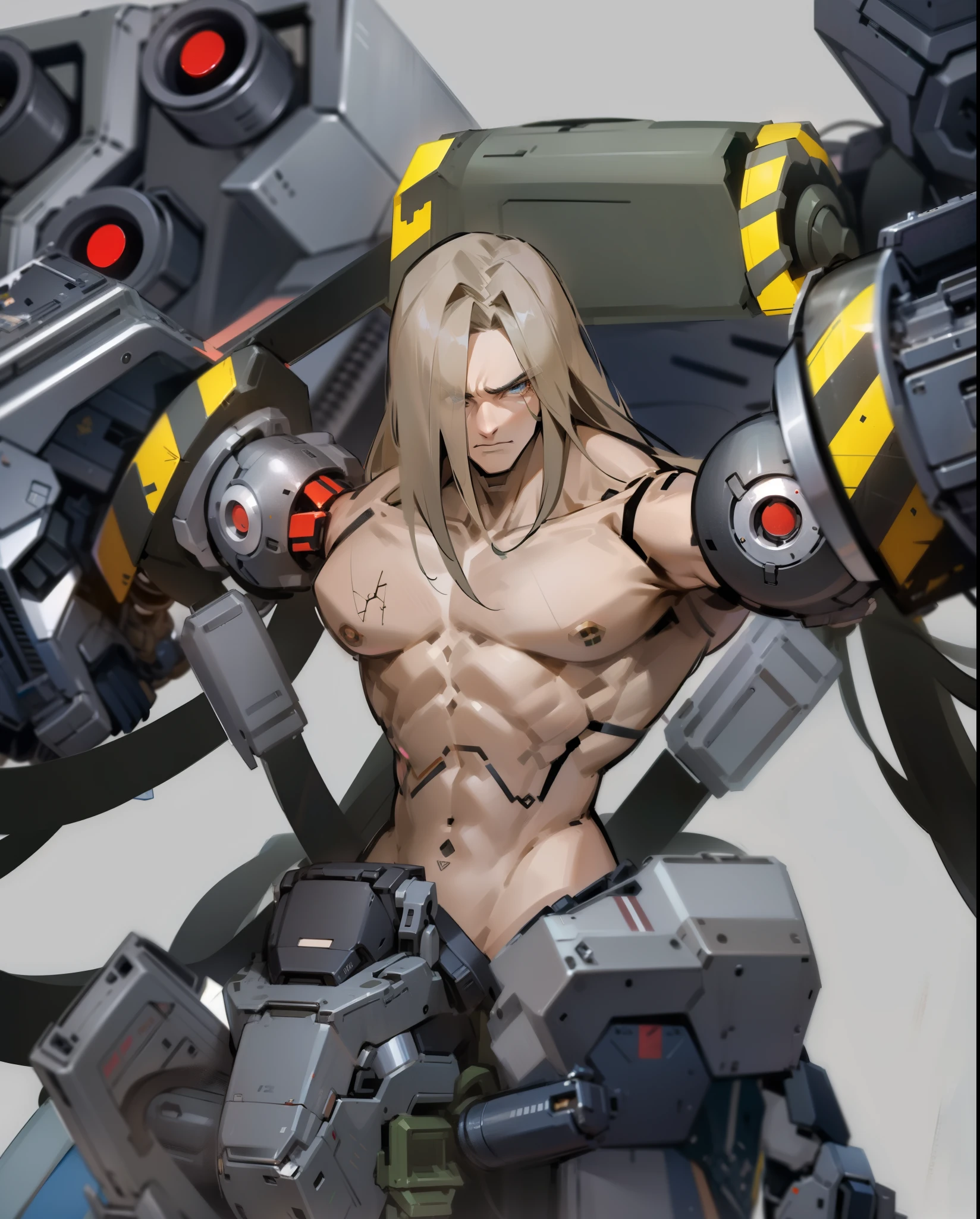 A mysterious man with long hair who has a highly prosthetic body,Surrounded by mecha packages,There's a cable on me