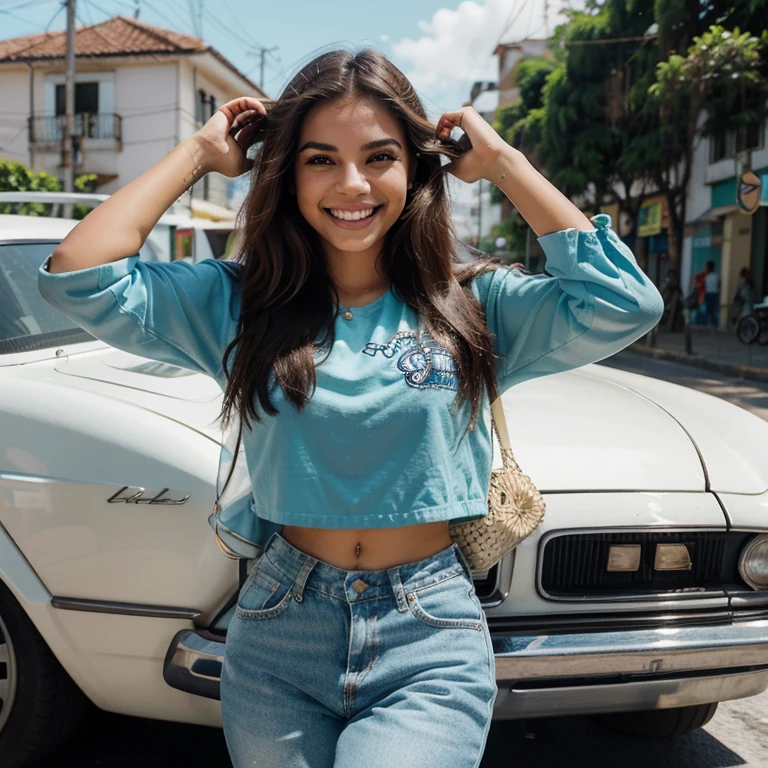 Create an illustration of Luana Silva, a influenciadora digital brasileira de 22 anos, em meio a uma jornada vibrante pela cidade. Destaque seus cabelos azuis, a modern and authentic wardrobe, and an infectious smile as she shares lifestyle moments at iconic places in Brazil