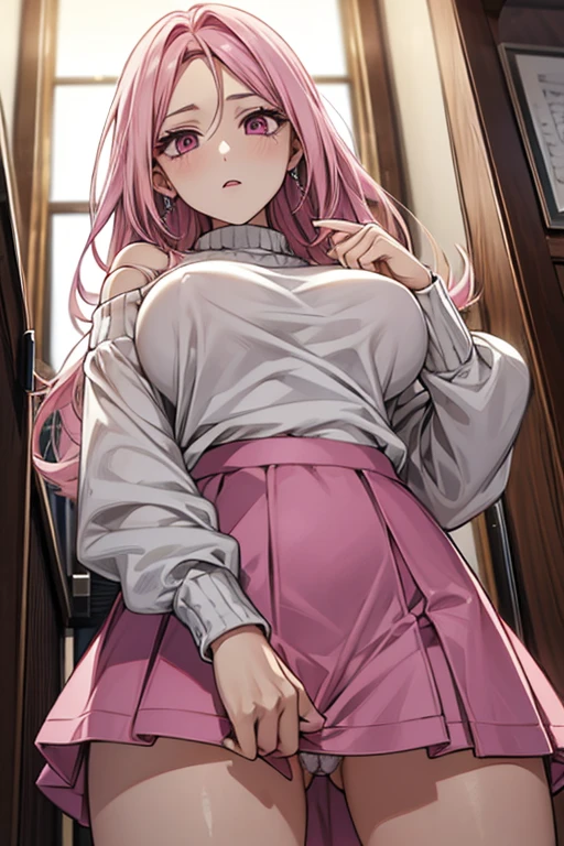 pink hair、pink eyes、big breasts、No underwear、(Full view of pussy)、mini skirt、knit sweater、off shoulder、I can see my crotch、nipple、from below