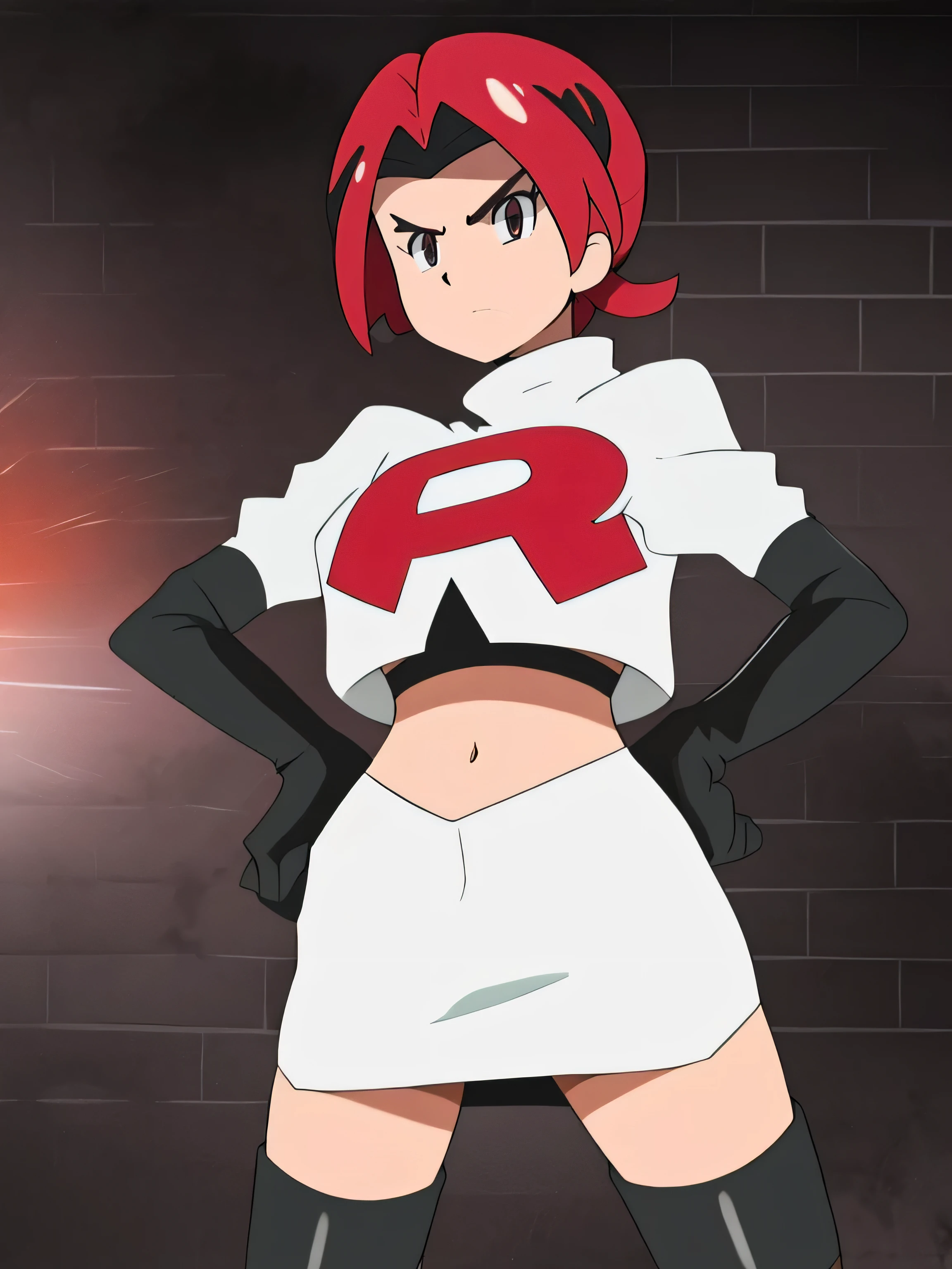 team rocket uniform, red letter r, white skirt,white crop top,black thigh-high boots, black elbow gloves, glaring angrily, looking at viewer, hands on hips, full body seen
