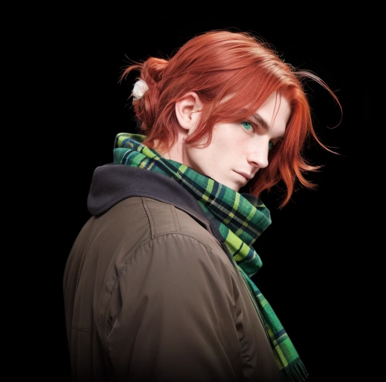Red haired man, green eyes, green plaid scarf, black jacket, beauty mark
