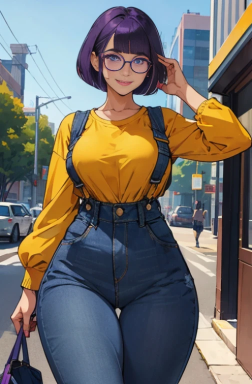 muste piece, highest quality:1.2),detailed face, Detailed inner corner of the eye、 lady、Glasses、trimmed bangs、Patsun、bob cut、straight hair、purple hair、purple eyes、???????????, big ???, Denim overalls,  wide pants、smile、walking