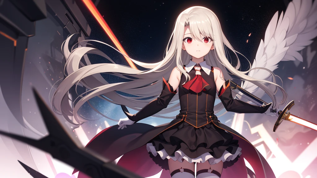 Illyasviel von Einzbern, blonde hair, hair between eyes, long hair, (red eyes:1.5),cool girl boots, Detached sleeves, white gloves,black skirt,Extreme time and space,light and darkness chaos,The background is the intersection of light and dark,Swords of light and darkness,Phantom space-time mirror broken