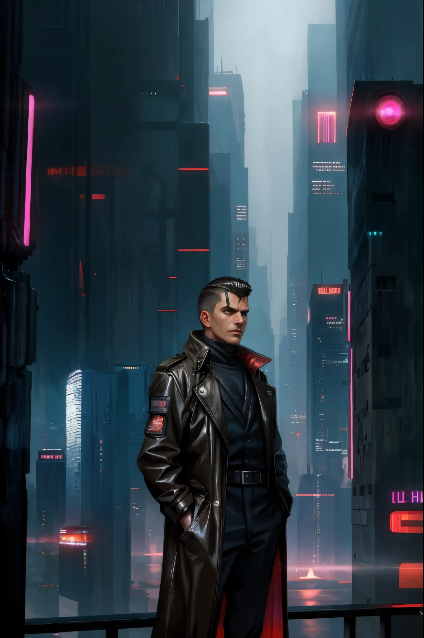A man, 45 years old, brown eyes, black hair, shaved on the sides, combed back, unshaven, wearing a dark trench coat with the collars turned up. Hands in his pockets, He is leaning against the parapet of a building, He is on top of a building watching the skyline at night of the cyberpunk city below in the background. Background futuristic cyberpunk make it realistic, Blade Runner, 8k, ultra hd