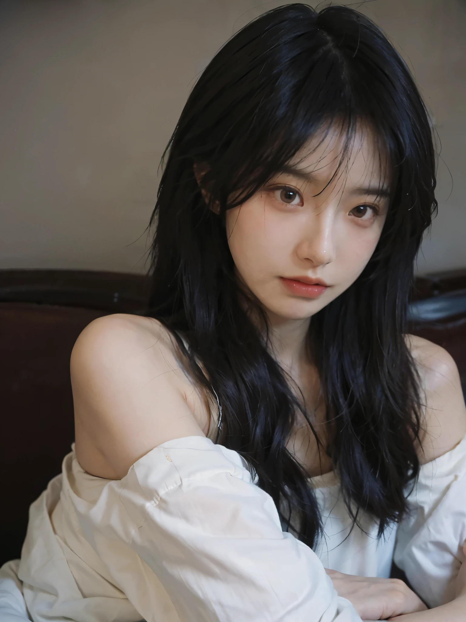 Film portrait photography, 1 girl, bare shoulders, Shoulder length wavy hair, serene, calm, (Realistic and detailed eyes, natural skin texture, Realistic facial details), Soft dramatic lighting, depth of field, Bokeh, Vibrant details, Detailed and detailed, Surrealism, 35mm film, hazy, ,