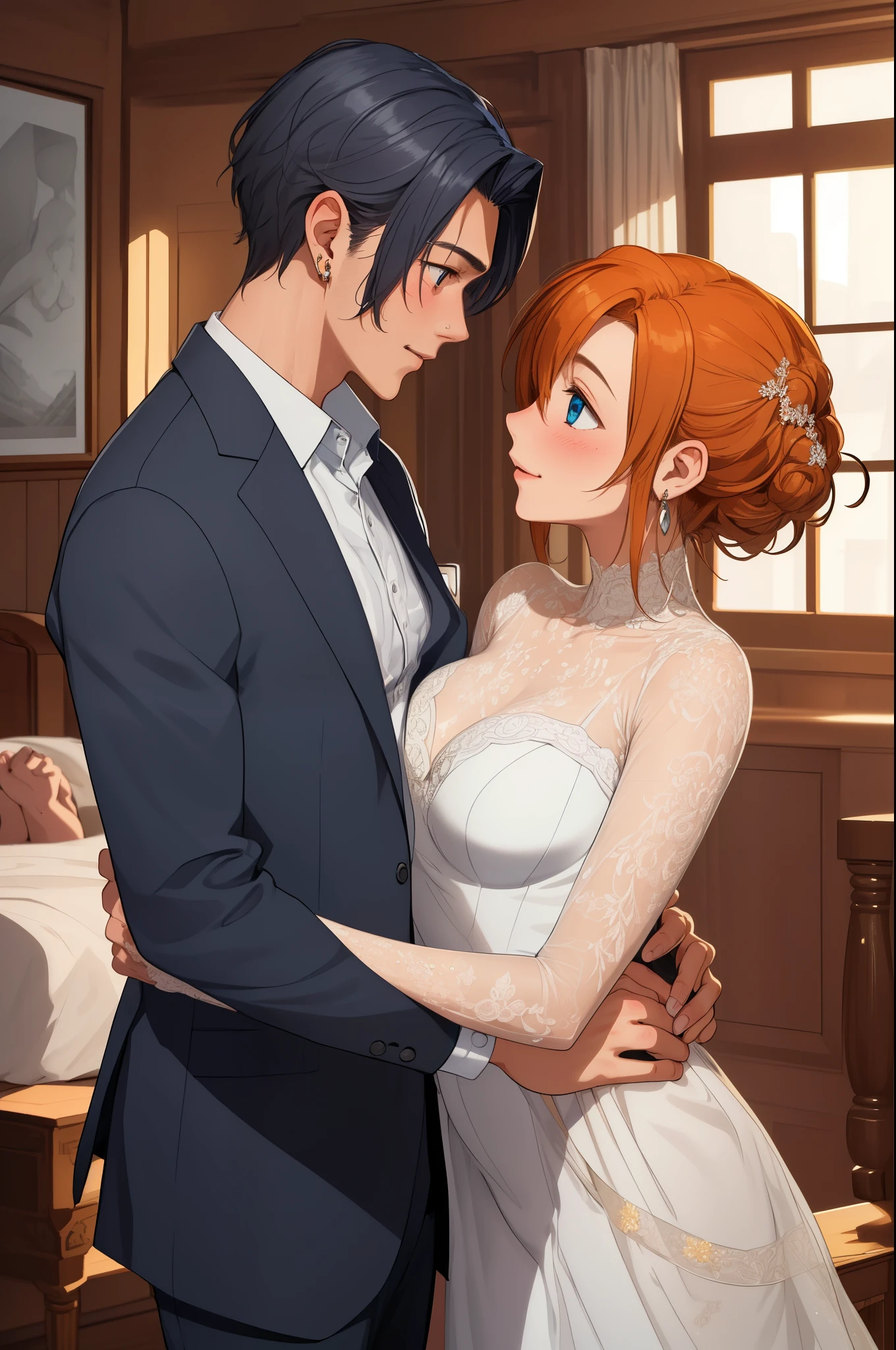 (Masterpiece, Best Quality, High Quality), professional artwork, well drawn, Intricate Details,(((a handsome boy and a girl looking at each other))),Kousaka honoka, room, ultra detail hair, ultra detail face, perfect eyes, earring, blushing, embarrassed, bodysuit 