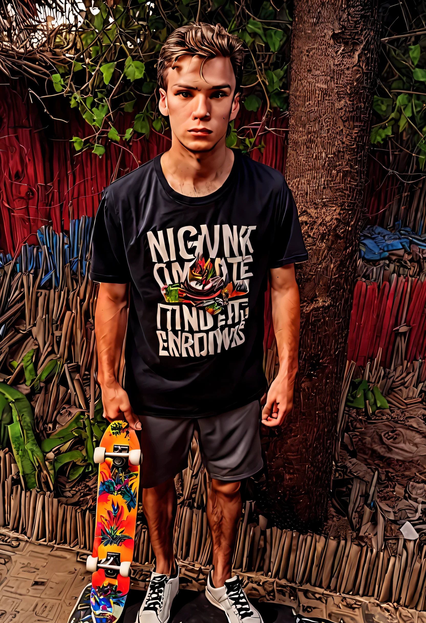 (((super detailed, highest quality)), ((8k, UHD)), ((ccurate, highres)), at night), Detailed Photo model young man Anthony 21 Years of Age with black t-shirt, (detailed skateboard, ccurate), detailed standing, content, detailed fashion, vibrant colours, detailed face, detailed skin, realistic detailed , detailed body, cinema lighting