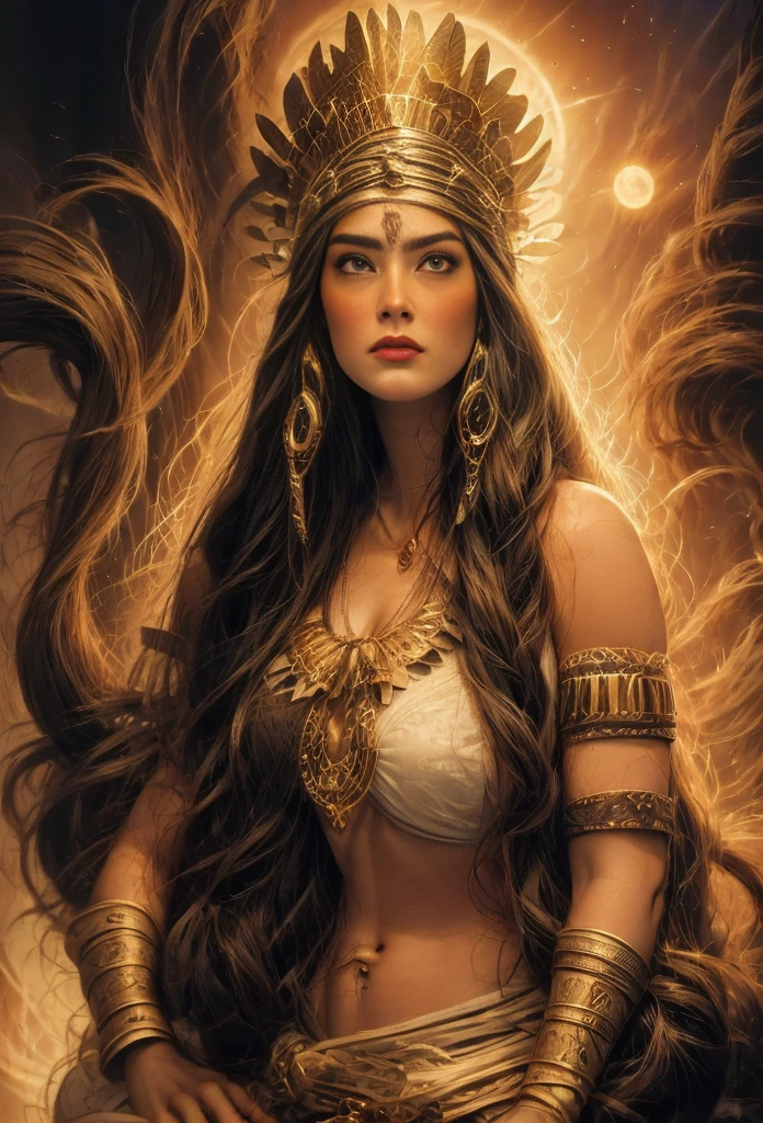 um retrato de(( uma mulher cigana )) cabelos longos negros e cacheados enfeitados com rosas, a mais bela das mulheres, olhos verdes sedutores, in high definition, em 8K, de 18 anos, Deusa do Mar, Deusa do Oceano, Luthien, arte de deusa, Deusa da mitologia grega, Deusa da Lua, Deusa do amor e da paz, deusa bonito, Mitologia da Deusa da Terra, The Mother Goddess, Um retrato impressionante de uma deusa, Frank Kelly Freas, Estilo Karol Bak, ((beautiful face)), Ultra Definition, melhor qualidade, 32k ultra , Ultra HD