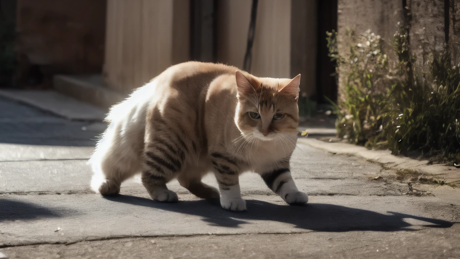 hyper ultra realistic photographs full body of A clumsy but enthusiastic cat attempts a downward-facing dog pose, his back legs splayed out at awkward angles and his front paws reaching precariously towards the floor. His tail swishes in frustration as he struggles to maintain balance. ratio 16:9, 4k, 8k resolution, High quality photo, high detailed, imagesharp focus, Cinematic lighting,hyperdetailed & Unreal engine, detail, realism, photography,cinematography, camera NIKON, lens NIKKOR flagship, masterpiece. hyper-maximalism, ultradetailed photorealistic, light skin imperfections, final render, vray, photo, fashion