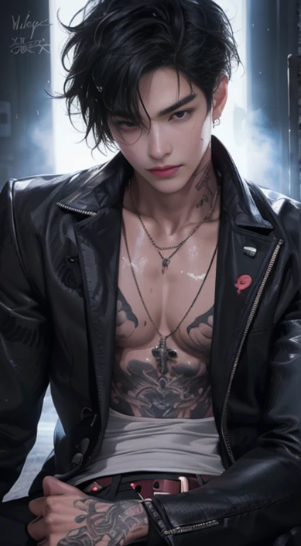 High quality, masterpiece, highly detailed, 8k, perfect face, perfect body, realistic, photo realistic, man, Asian, black hair, short hair, handsome, detailed eyes, beautiful detailed nose, realistic body, realistic light, comfortable expressions, cute guy, sweat guy, cool guy, abs sixpack, model style, full body, clean skin, tattoo, necklace