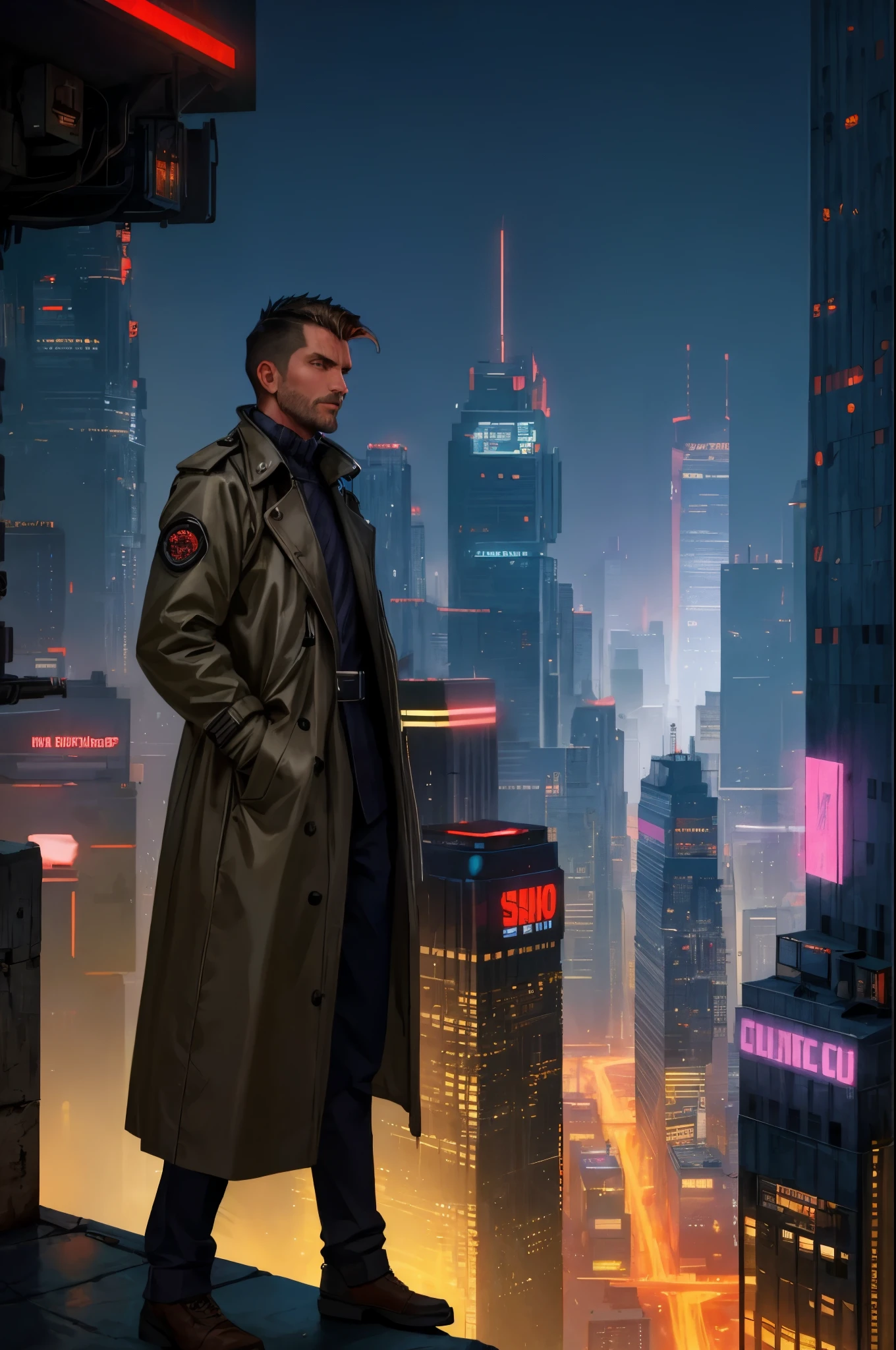 A man, 45 years old, brown eyes, black hair, shaved on the sides, combed back, unshaven, wearing a dark trench coat with the collars turned up. Hands in his pockets, He is leaning against the parapet of a building, He is on top of a building watching the skyline at night of the cyberpunk city below in the background. Background futuristic cyberpunk make it realistic, Blade Runner, A super technological city with tall buildings, Buildings illuminated with colored lights, fundo escuro,8k, ultra hd