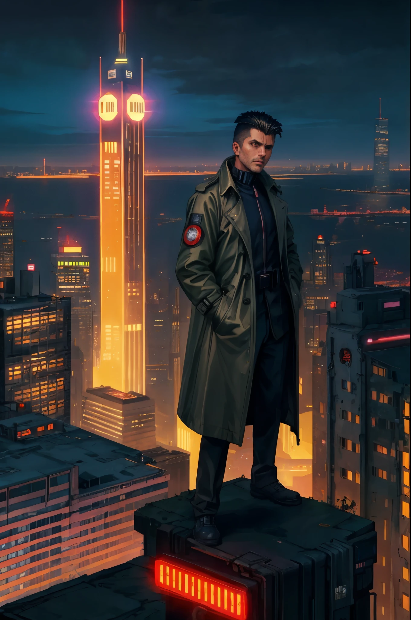 A man, 45 years old, brown eyes, black hair, shaved on the sides, combed back, unshaven, wearing a dark trench coat with the collars turned up. Hands in his pockets, He is leaning against the parapet of a building, He is on top of a building watching the skyline at night of the cyberpunk city below in the background. Background futuristic cyberpunk make it realistic, Blade Runner, A super technological city with tall buildings, Buildings illuminated with colored lights, fundo escuro,8k, ultra hd