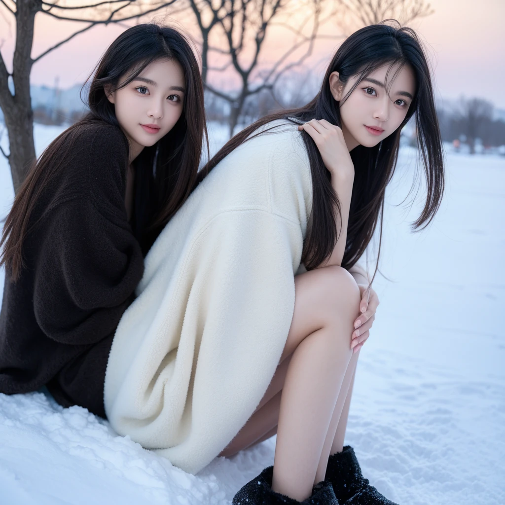 Beautiful girl sitting on the snow，black hair，Wearing JK，slight smile，