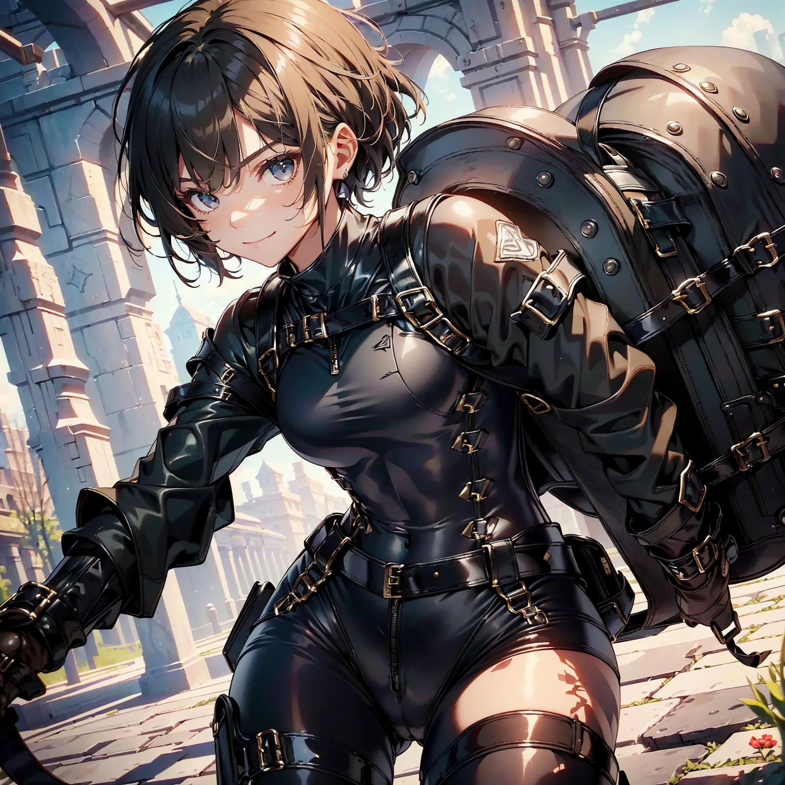 (masterpiece、highest quality、highest resolution、clear_image、detailed details): (whole body、18 year old female fighter，Slender、small face、black super bob short hair、Shiny black tight combat uniform，tight suit、Gentle smile、Backpack)