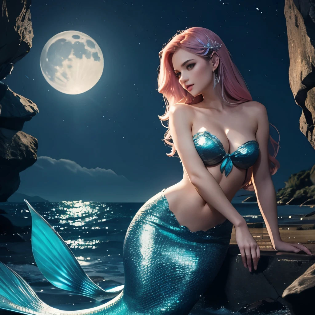 A beautiful mermaid playing in the moonlight