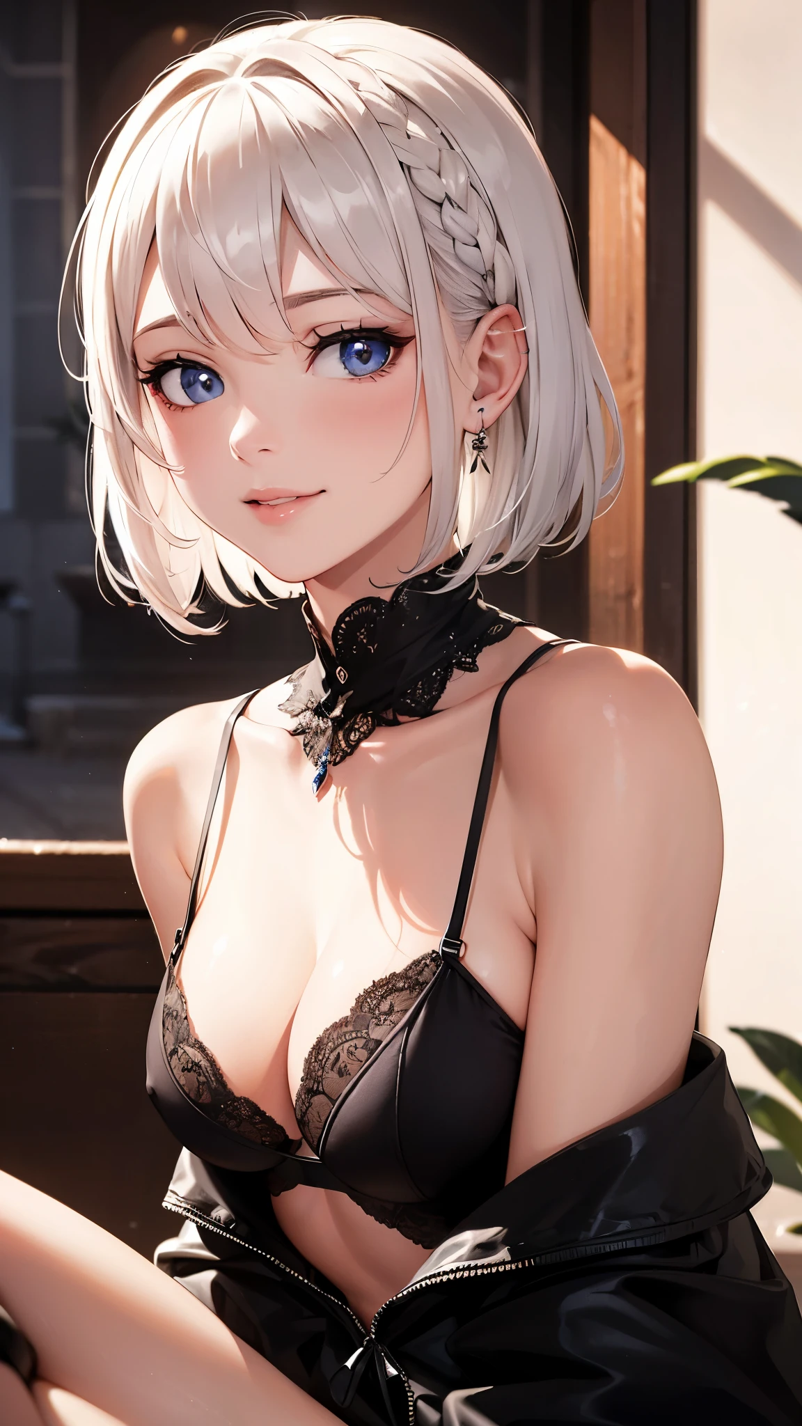(Vague:1.2),(best quality,4K,8k,high resolution,masterpiece:1.2),Super detailed,soft light,Subtle tones,sensual atmosphere,ethereal beauty,translucent silk,Smile,portrait,white hair,short hair