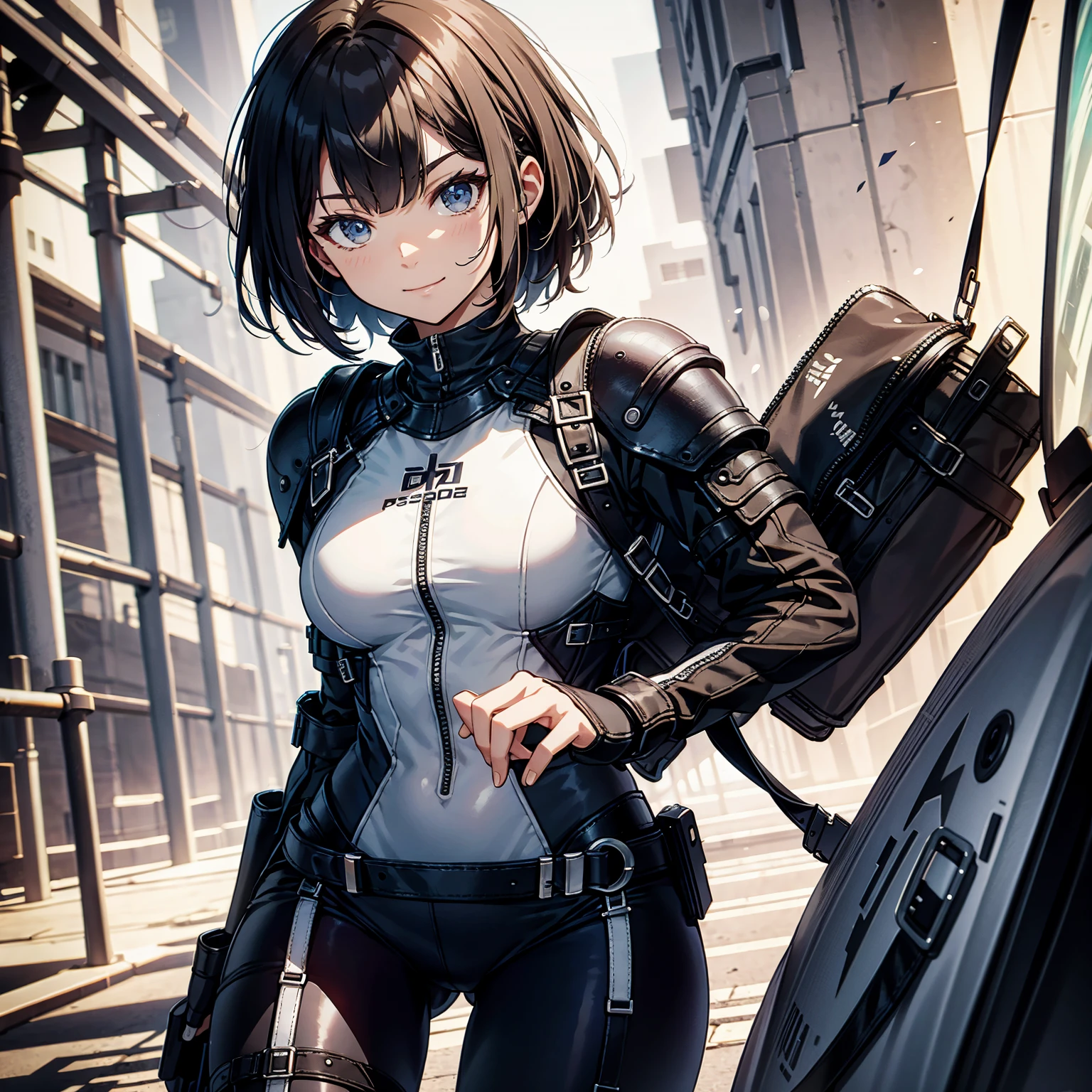 (masterpiece、highest quality、highest resolution、clear_image、detailed details): (whole body、18 year old female fighter，Slender、small face、black super bob short hair、Shiny black tight combat uniform，tight suit、Gentle smile、Backpack)