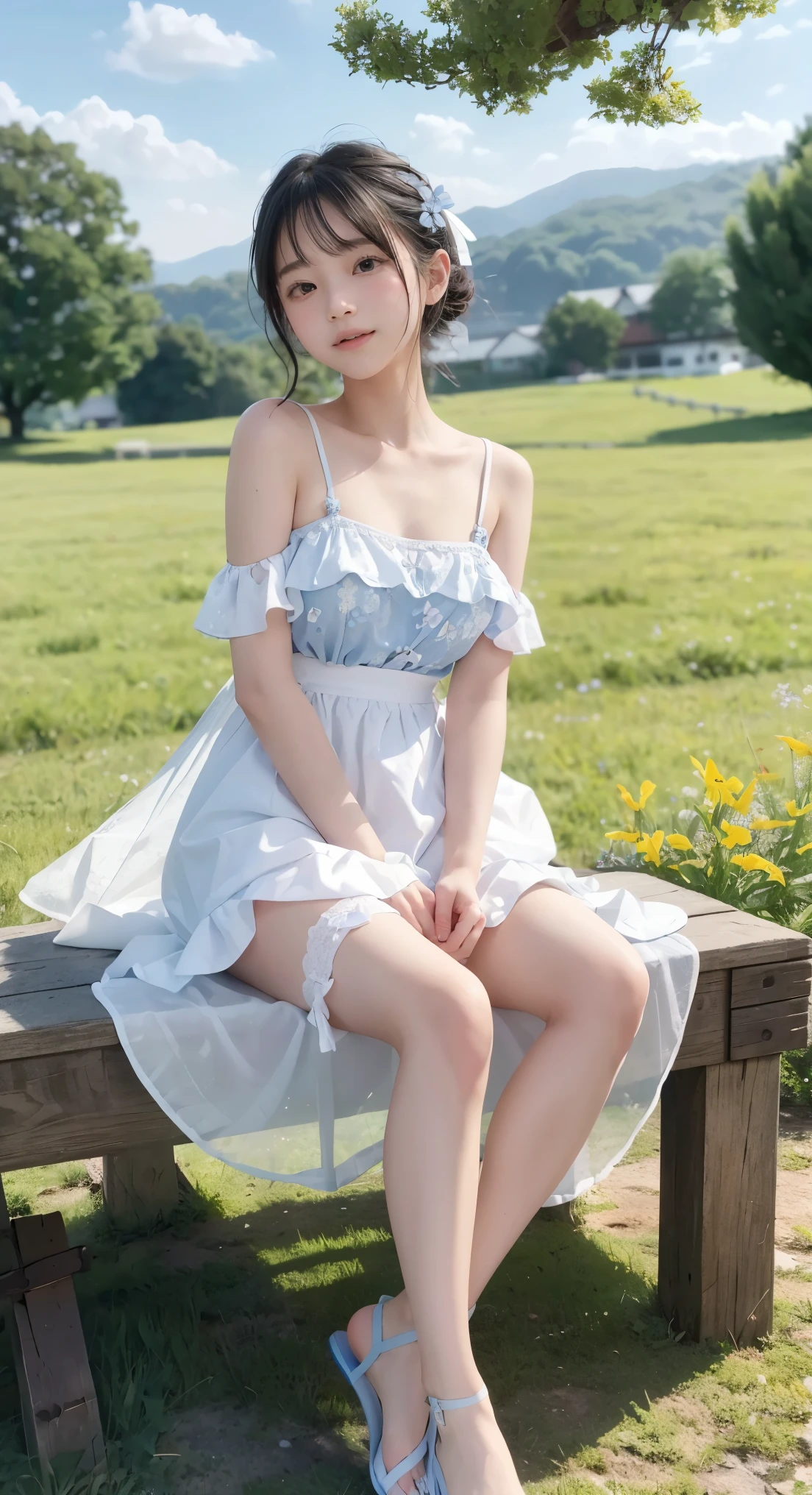 with a girl:her hair is black and short、、laughter、Her face is round and cute。white and blue dress clothes、Floral。white sandal shoes、The ribbon is attached to the ankle、White lace fabric panties、scene:There is a beautiful scene floating in the background.、blue sky, White cloud, Green meadows and colorful flowers。The scene is softly painted like a watercolor painting.、It's a dreamy atmosphere。The scene expresses the imagination and sensibility of the girl、Pubic hair shows completely naked pubic hair) ,more_be familiar with:1.5, (More and more_be familiar with:1.9)、((Strong winds ruffle my hair and skirt))