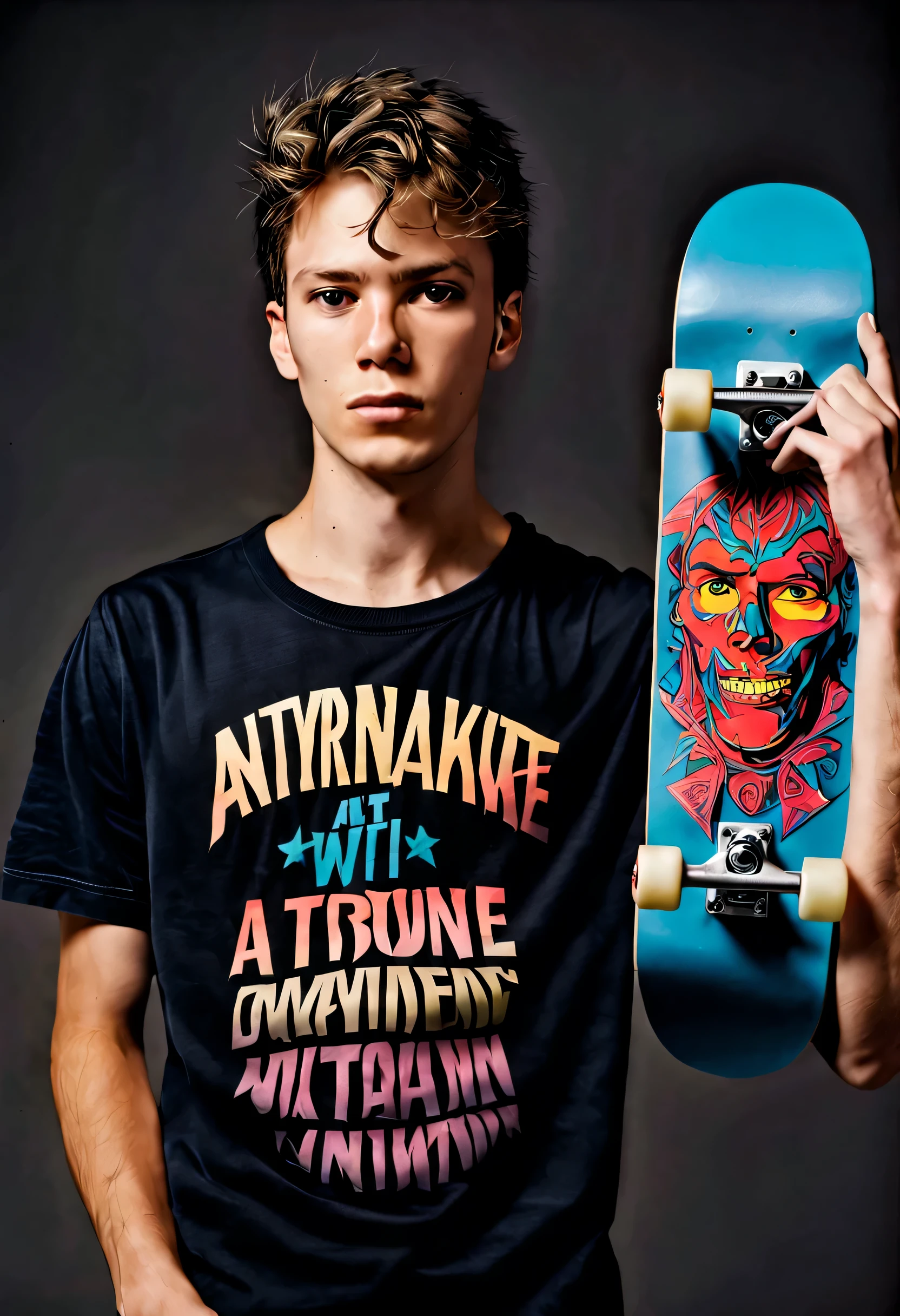 (((highly detailed, best quality)), (8k), (HD, photorealistic, ccurate, highres), at night), Photo model, young man, Anthony, 21 Years of Age with black t-shirt, detailed skateboard, standing, fashion, studio, vibrant colours, detailed face, detailed skin, realistic detailed , detailed body