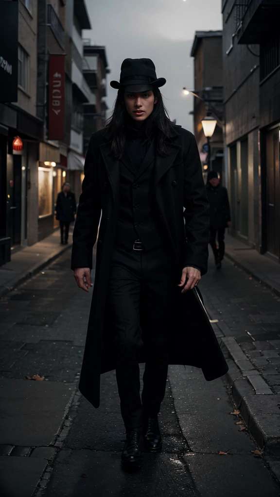 A men in long black coat, wearing round black hat, have big knife in right hand , chasing a girl in night, in the empty street