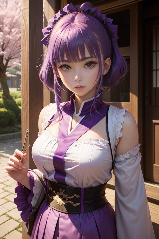 high res, masterpiece,Sakura Matou,fate, purple hair, solo, 1girl,outside,deatailed background, detailed eyes,