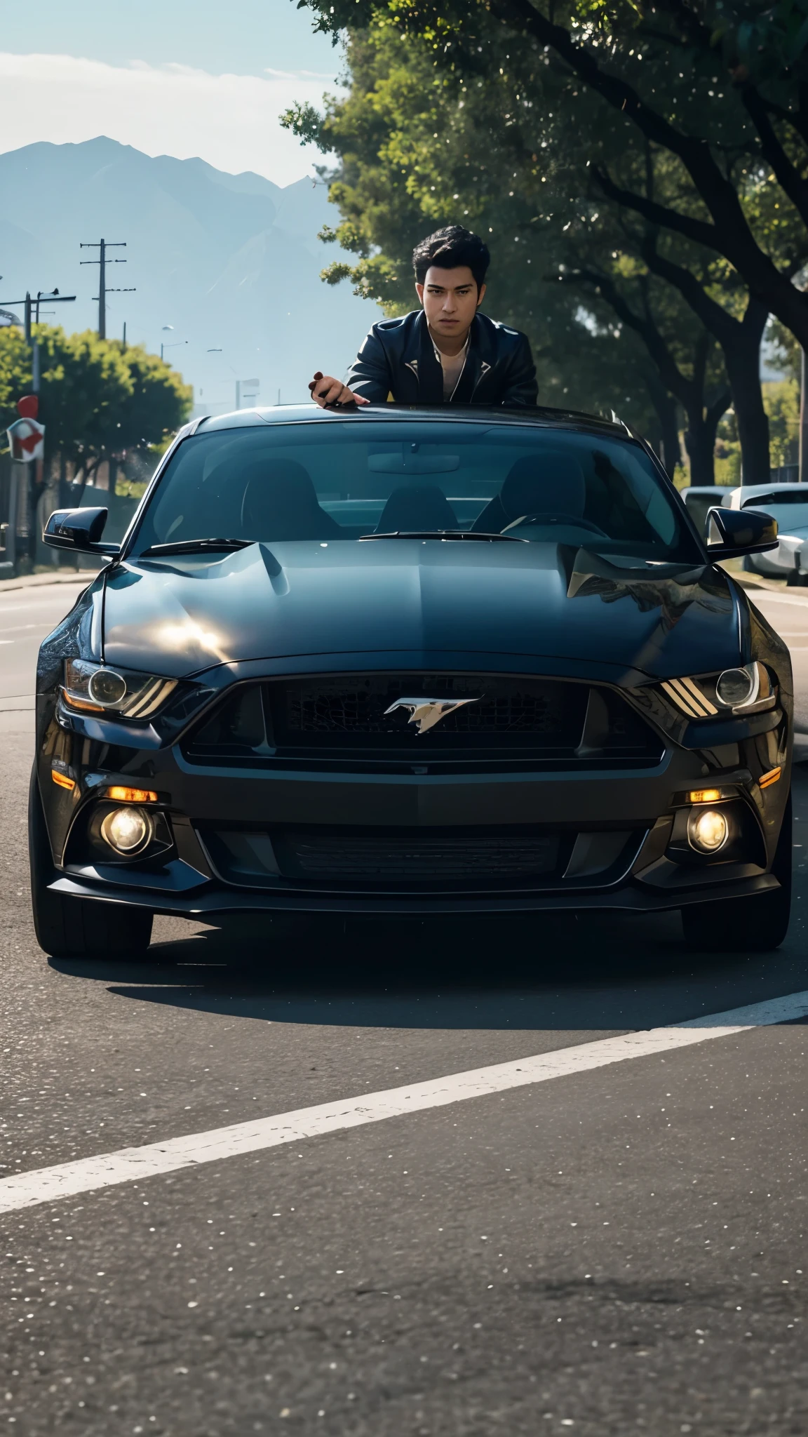 arafed man sitting on the road next to a black mustang, a picture by Byron Galvez, instagram, renaissance, avatar image, instagram photo, alex yanes, profile photo, andrew thomas huang, joel torres, arian mark, raphael personnaz, instagram picture, profile pic, hq 4k wallpaper, asher duran, car photography, high quality picture, cars portraits