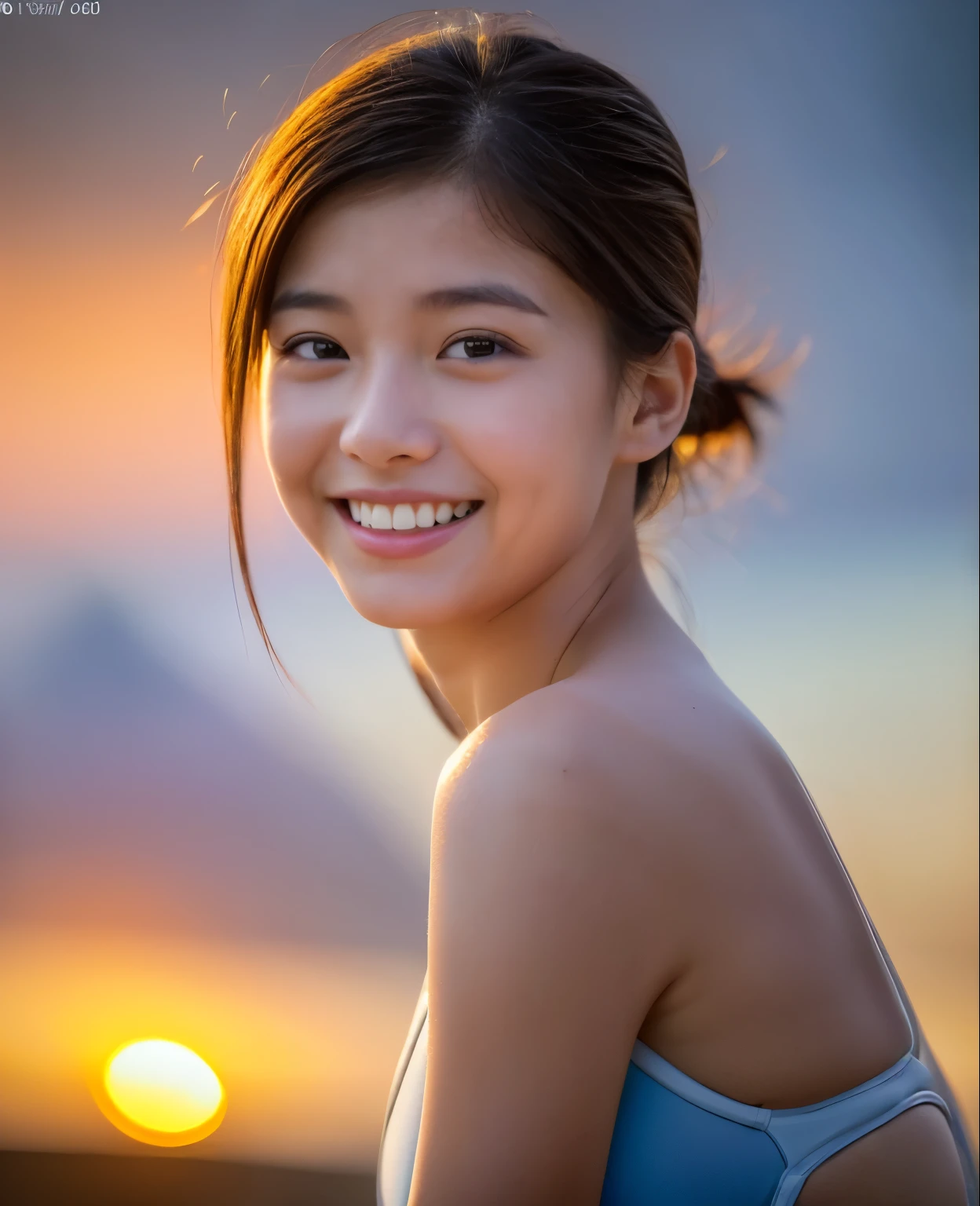 8K, (超realistic: 1.35), (realistic: 1.4), one personの美しい日本人の女の子, (((The best smile released))), one person,(((full body shot)))、 (((are having fun)))、light makeup, masterpiece, 超High resolution, High resolution, one person, (((light blue swimsuit)))、 puberty, one personの少女, ((perfect body)), ((best image quality)), ((time)), ((very delicate and beautiful)), ((Very shallow depth of field)), nffsw, ((incredibly shallow depth of field. Familiar)), (((very delicate and beautiful))), (((Very shallow depth of field))), nffsw, (((incredibly absurd))), (((perfect body))), (((look at the camera)))), (((normal size breasts))), (((serious face))), (((Hair can be long or short))), myself+background, dynamic angle, female focus, {particles of light}、 詳細なbackground、((paul hedley))、soft lighting、(dramatic)sunset、sunset、とても美しいsunset、live action、genuine、top angle、cute smile、(backgroundぼかし)、18-year-old、thin、((Wind))、((movement))、((emotion))、((colorful))、((baby face))、((beautiful teeth))、backgroundは海、((９：16 Vertical photo))