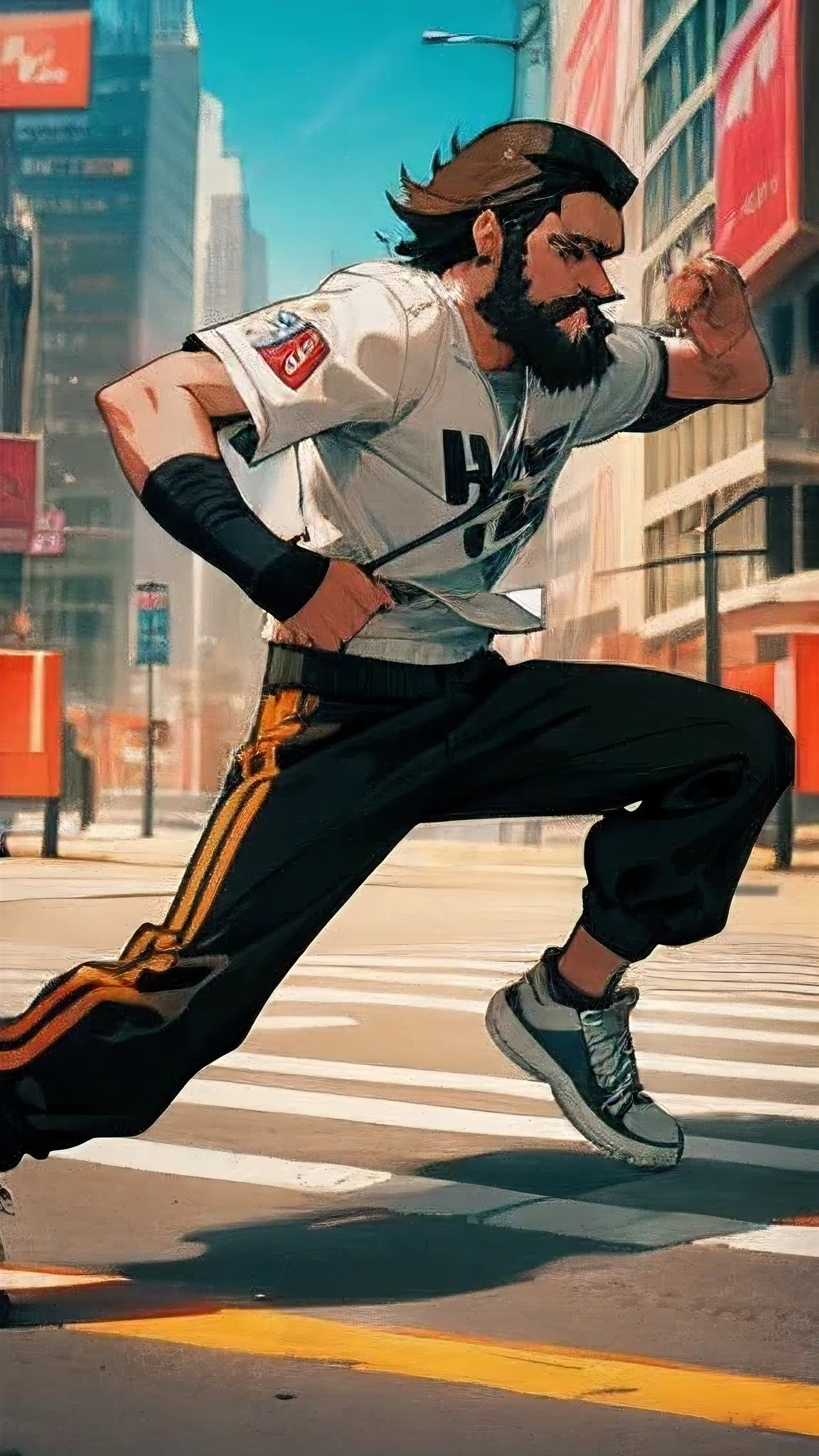 anime, manga art style, spanish man with beard wearing a bomber jacket with t-shirt underneath also wearing trackpants and sneakers fighting in new york city