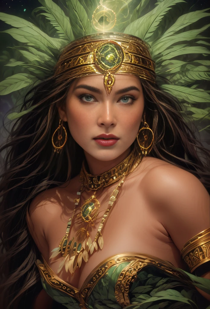 um retrato de(( uma mulher cigana )) cabelos longos negros e cacheados enfeitados com rosas, a mais bela das mulheres, olhos verdes sedutores, in high definition, em 8K, de 18 anos, Deusa do Mar, Deusa do Oceano, Luthien, arte de deusa, Deusa da mitologia grega, Deusa da Lua, Deusa do amor e da paz, deusa bonito, Mitologia da Deusa da Terra, The Mother Goddess, Um retrato impressionante de uma deusa, Frank Kelly Freas, Estilo Karol Bak, ((beautiful face)), Ultra Definition, melhor qualidade, 32k ultra , Ultra HD