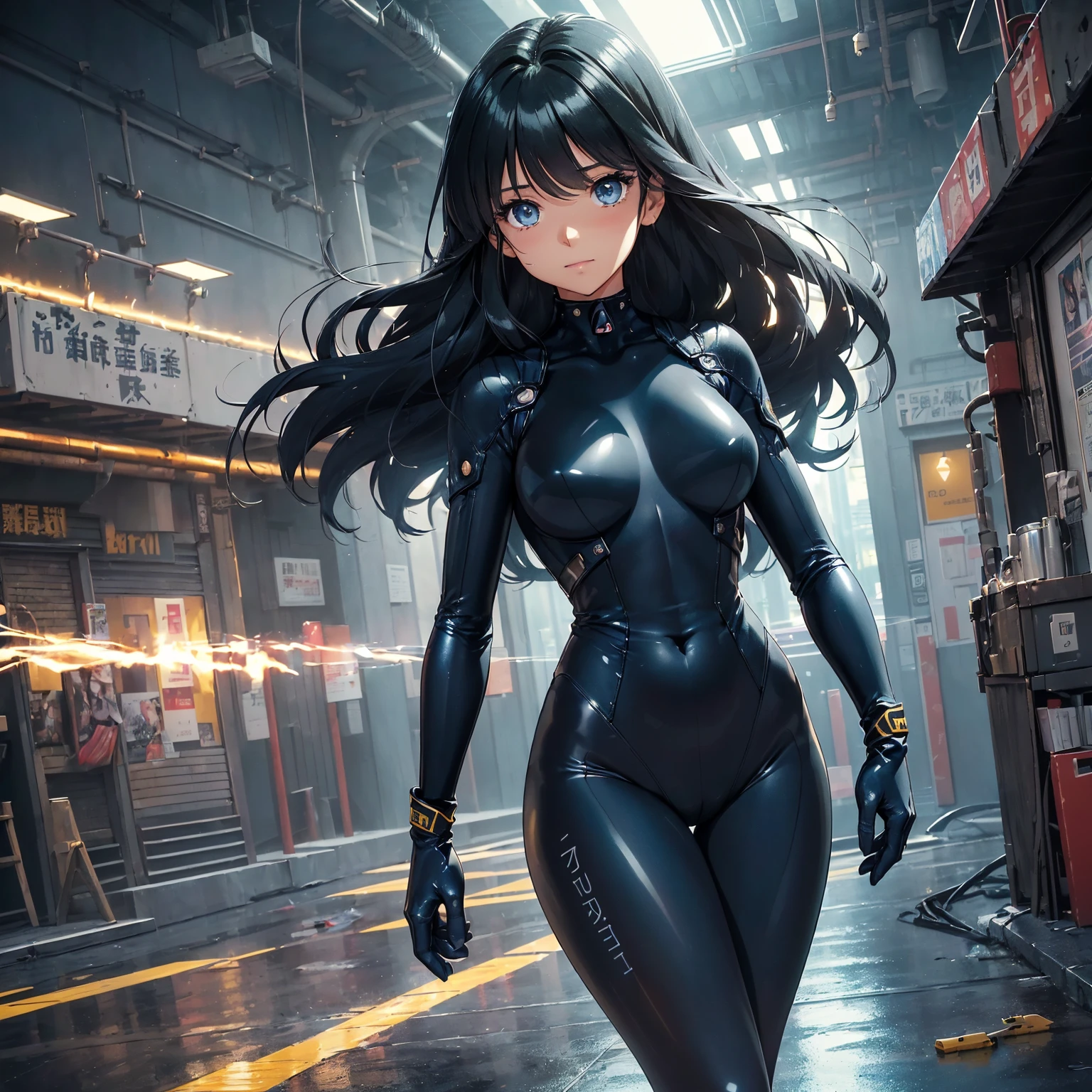 BREAK、(look at the audience、(若いcute美しい18歳の女の子:1.1)、Japanese faces、small face、3d face、beautiful girl、beautiful face、cute、Girlface、Kpop idol、Supermodel、Stunning innocent symmetrical face、perfect body、thin slim waist、make your legs thinner、(high detail skin:1.2)、shining eyes、goddess、natural skin texture、shiny skin、white skin、美しいdetailed face、detailed face、real skin texture、cute繊細な顔、detailed face、golden ratio、golden ratio率顔、gentle smile、soft expression、Expressive Ace Perfect、perfect skin、clear face、shiny hair、natural makeup、beautiful bright pupils、eyes are blue:1.3、Slender body shape、complicated eyes、long eyelashes、blush、good hand、perfect hands、clean face、Fine-grained skin、油性のshiny skin、(((((navy blue and black tight bodysuit、tight fitting clothes、clothes that cover the whole body、clothes that hide skin、gentle smile、Knee-high boots、(gloves up to the elbow:1.8)、(Clothes that hide the thighs:1.8)、(clothes that hide the legs:1.8)、exoskeleton、Science fiction、dark blue hair、high knot ponytail、very long hair、(human body as a whole:2)、(lightning discharge lightning effects:1.2)、(Electrocution:1.3)、Hold the gun、battle、(electric sparks、spark of light、Flying bullets、Dodge bulletuildings hit by missileuture technology drones hit laser weapons:1.3)、adventurous look、starry sky、colorful refraction、ワームホールのような幻想的なWind景の世界、cyber punk、Manufacturing of metal textures、neon light、(night time:1.4)、Wind、rembrandt lighting、space warp、A gathering fog、Pixel art、game art、Key Visual、Surreal、PBR texturing、Anisotropic filter for maximum clarity and sharpness、Albedo and specular maps、multilayer texture、surface shading、subpixel convolution、Accurate simulation of light-material interactions))))、(Pure Eros Face_v1:0.5)、(Ulsan-6500:0.5)、(ticker:0.6)、Facing the viewer、dynamic angle、dynamic action、dynamic action、(dynamic pose:1.2)、Kick Pose、Hit Action Pose、hit,prepare a sword,riding on motorcycle,head tilt,Legs in your own embrace,Sit leaning against the wall))、(Time Machine、Computer、skyscraper gun、weapons of the future、(Backpack:1.1)、Real World、Plankton rattle field、volumetric fog、gray fog、cigarette、 explosion、apocalyptic、destroyed city background、burning building:1.3、splash of water、starry ski、huge moon、Earth、destroyed giant robot、radio tower、airplane flying overhead、shooting star rocket truck、broken car、derailed train、tank、giant weapon、electronic equipment、Luminous mechanism)